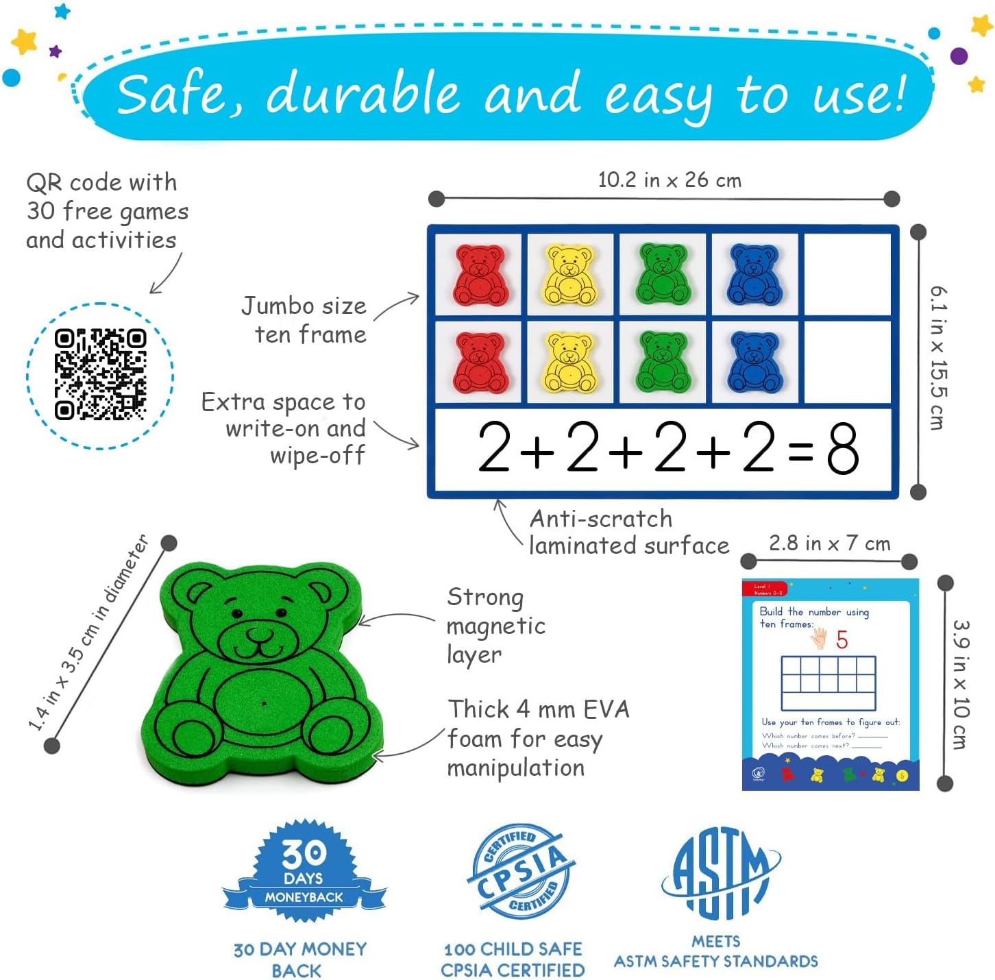 130 PCS Jumbo Magnetic Ten Frames Activity Set with Counting Bears, Math Manipulatives for Kindergarten, PreK, Preschool, Counting Bears Class Set, Math Counters Games for Kids, Homeschool Supplies
