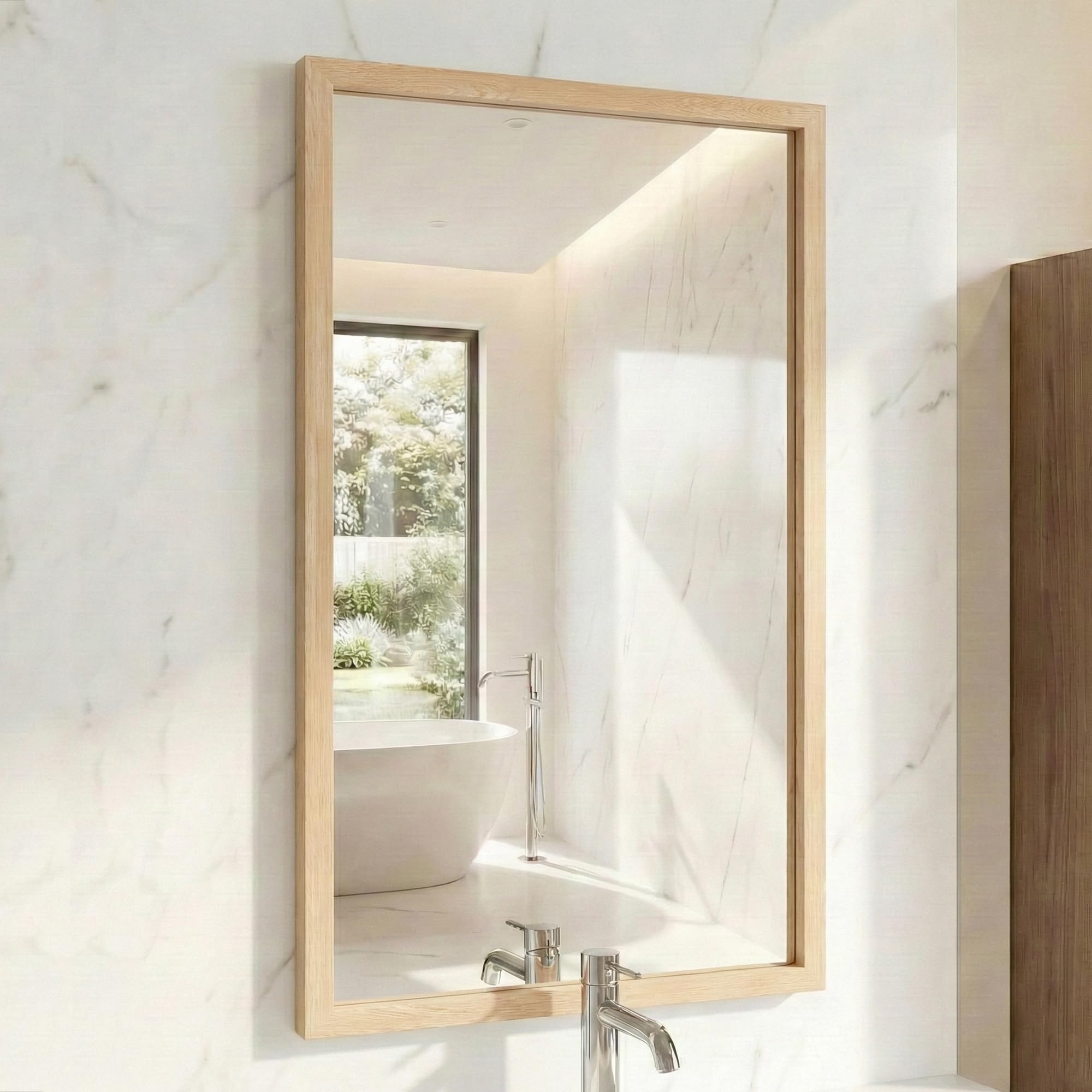 FurniXpress 24"x36" Natural Wood Tone Wall Mirror for Over Sink, Lightweight Boho Bathroom Vanity Mirror, Scandi Faux Wood Texture Decor Mirror for