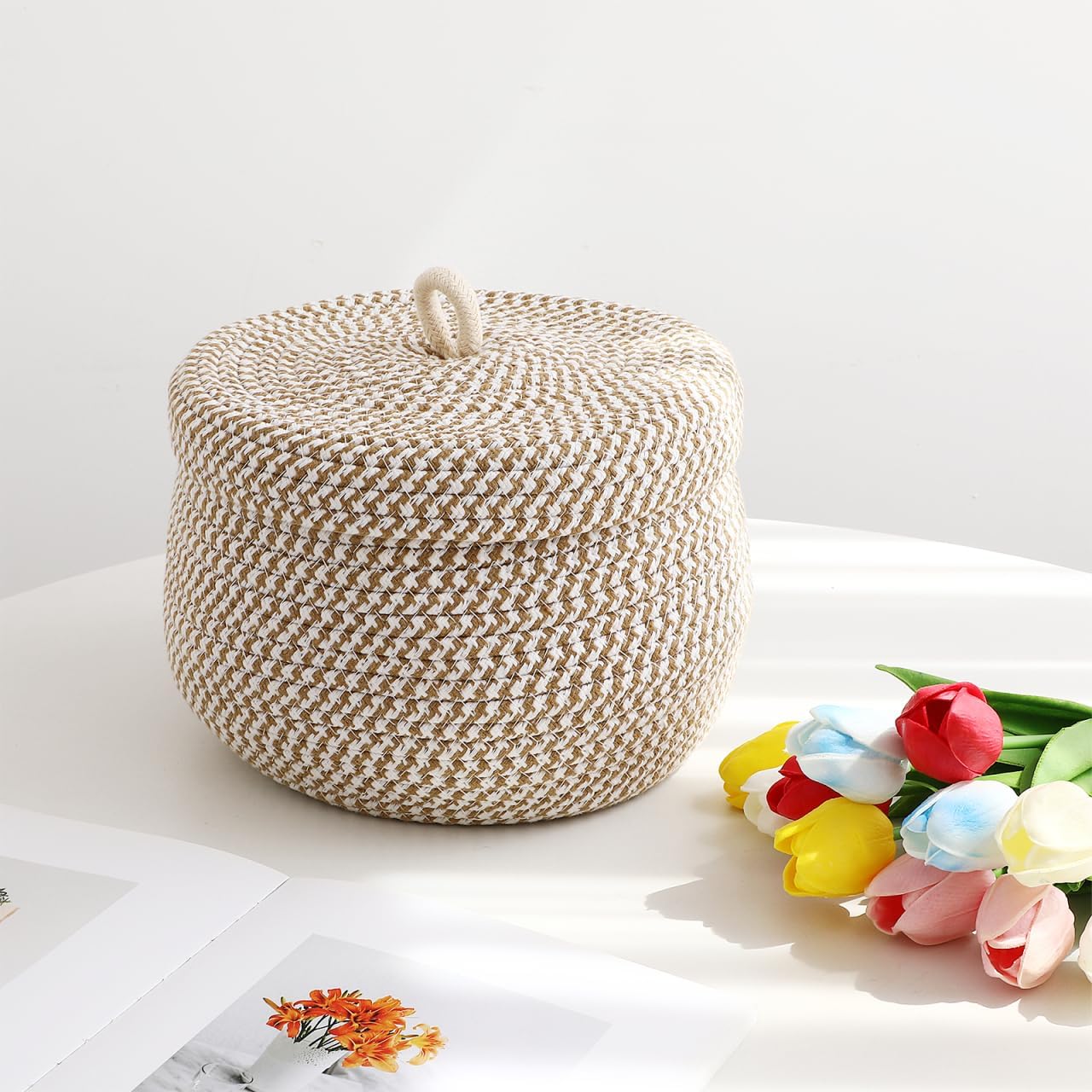 Small Cotton Rope Storage Basket with Lid, 8 inch Round Woven Covered Basket for Organizing, Decorative Lidded Baskets for Nursery Shelf, Boho Makeup Organizer for Vanity Countertop