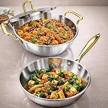 SOLARA MontClaire Premium Triply Stainless Steel Cookware Set of 2, Fry Pan 22cm(1.7L) + Kadai for Cooking 22cm(2.3L) with Golden Handles and Steel Lid, Induction Friendly, 100% Toxin & Chemical Free
