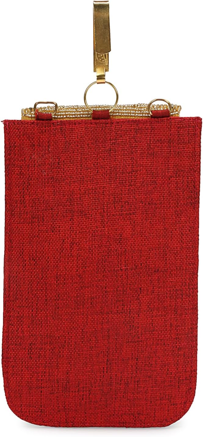 LONGING TO BUY Elegant Mobile Pouch Cover with Gold Pearl Design, Made of Jute Fabric, 8x5 Inch, Decorative Spiral Pattern (Red) image 2