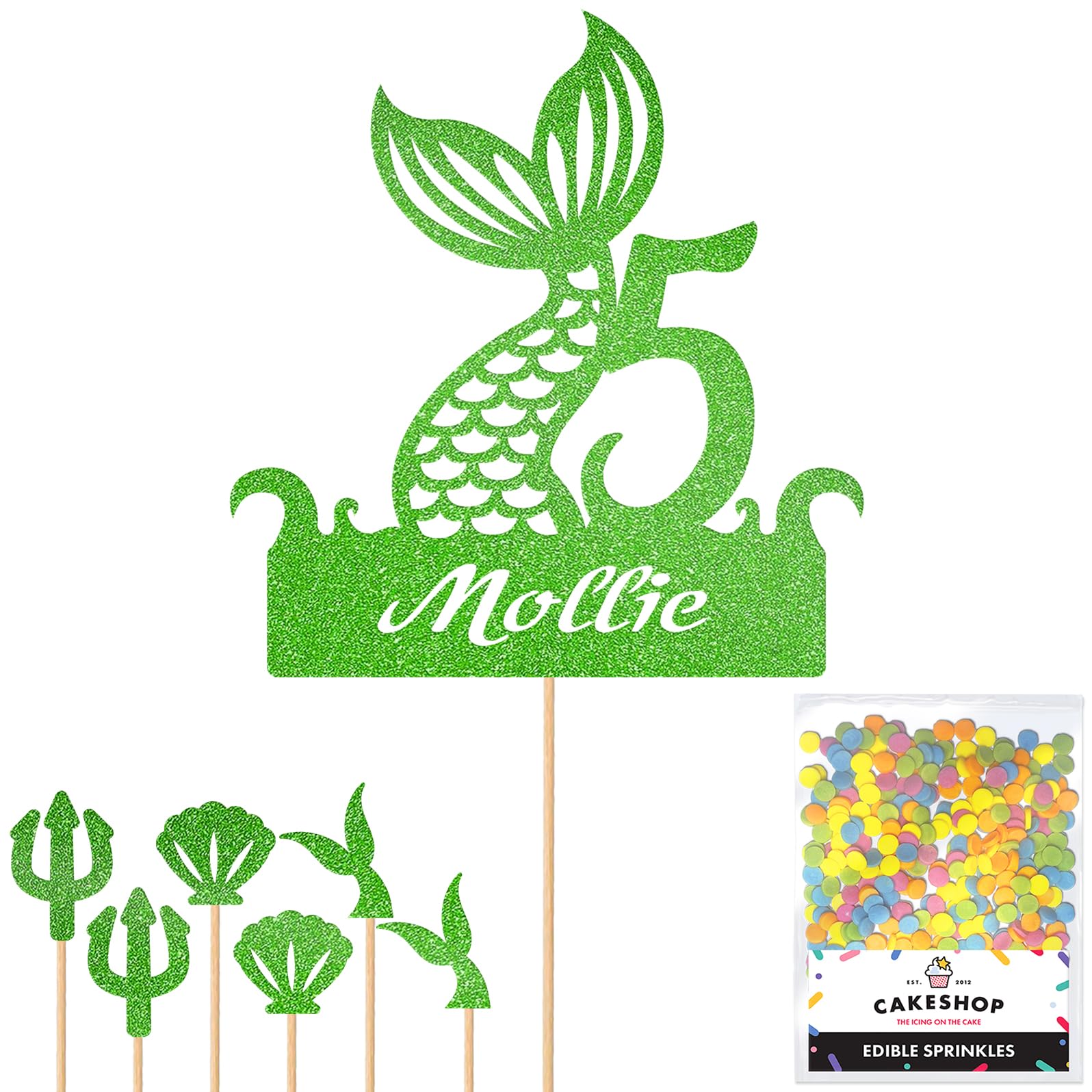 Personalised Birthday Mermaid Tail Glitter Cake Topper- Green Any Custom Age & Name Glitter Cake Decoration and Sprinkles - Happy Birthday Decorations - Personalised Toppers for Cakes by Cakeshop — image 1