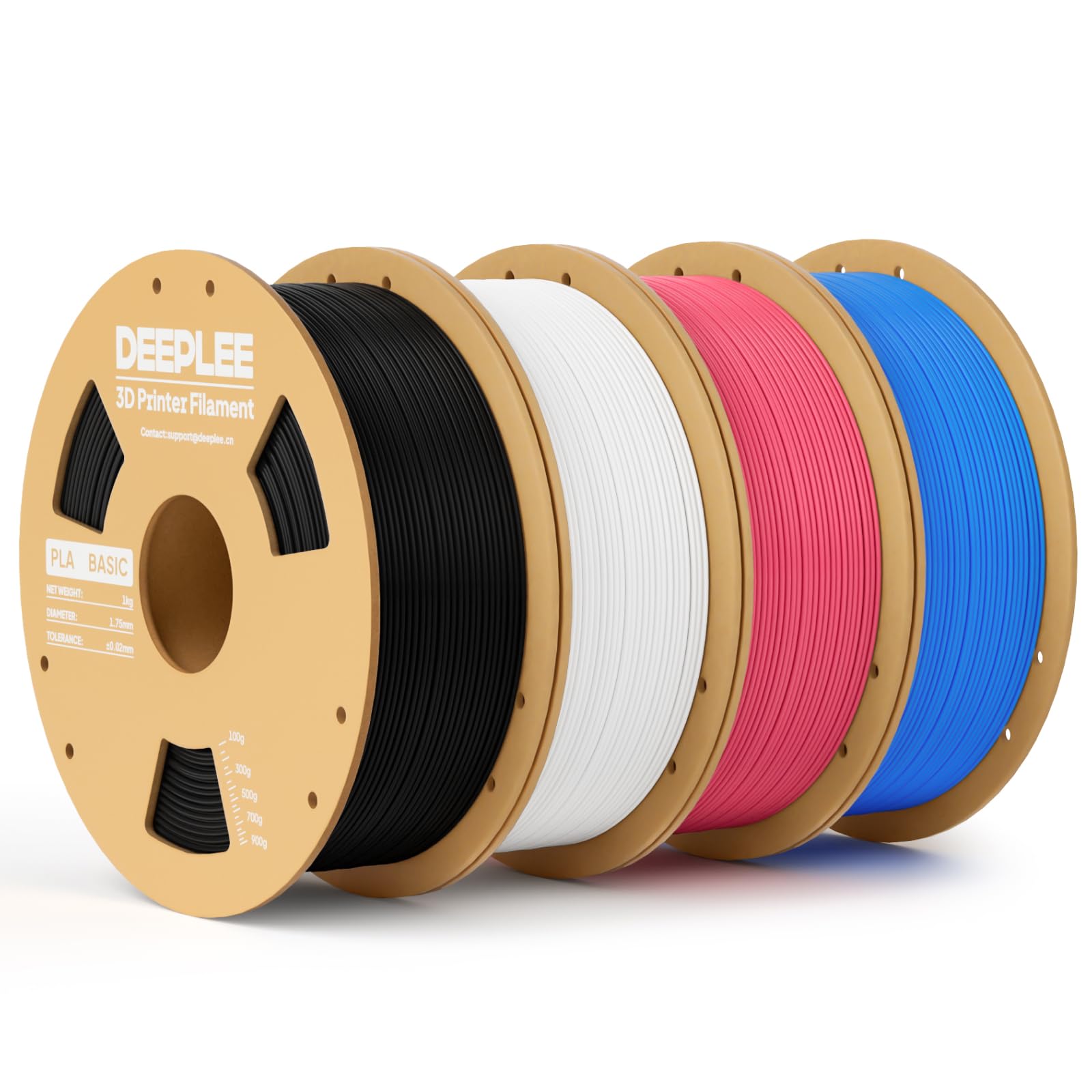 DEEPLEE Basic PLA Filament 1.75mm, Pack 4 x 1kg, 4 Colours | Black, White, Peach Pink and Sky Blue. Accuracy ±0.2mm, accurate winding, easy to print, FDM compliant