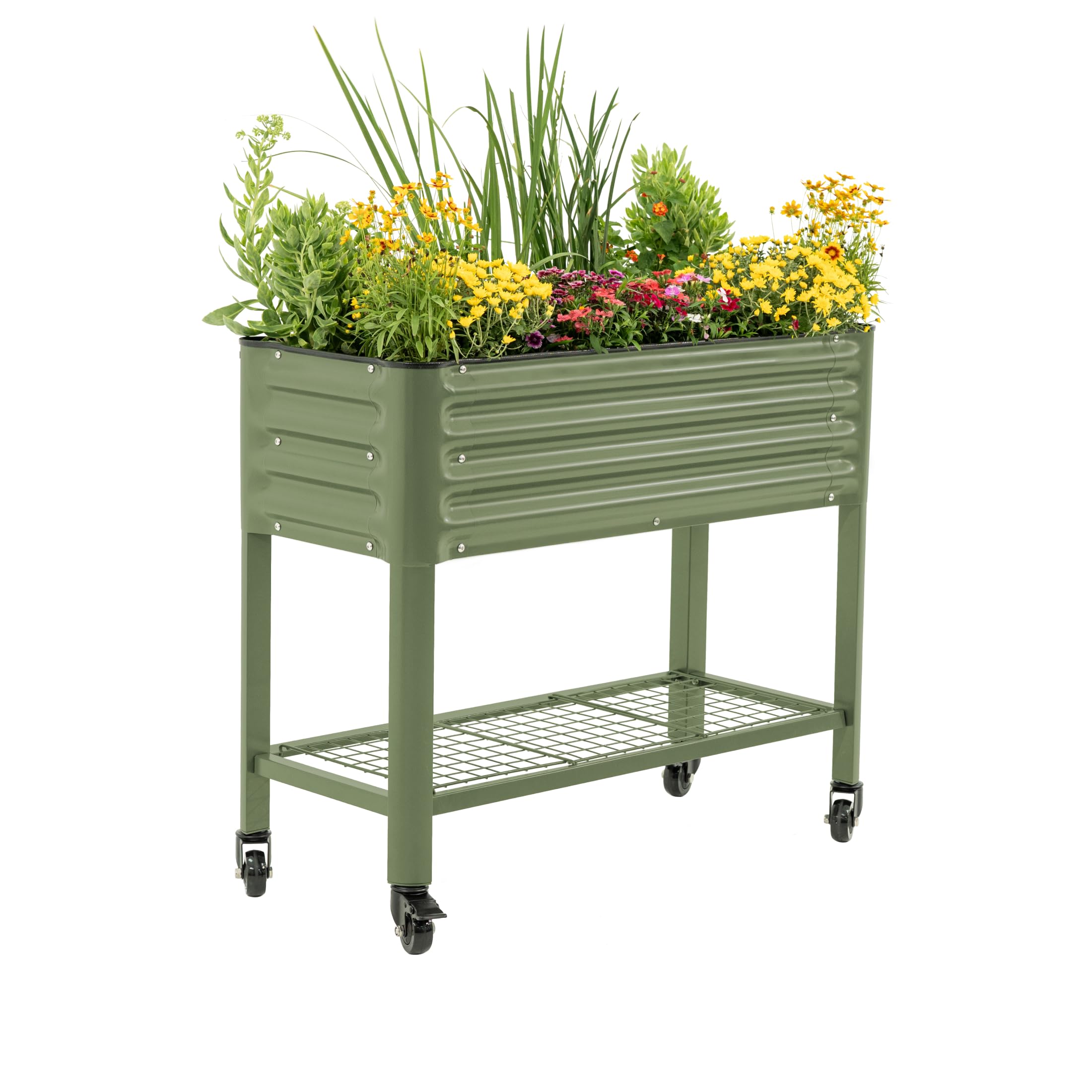 Vego garden Rolling Elevated Raised Garden Bed, 1.5' x 3.5' Outdoor Planters Boxes with Legs &amp; Storage Rack for Patio, 500 Lbs Weight Capacity, Raised Beds for Gardening, Olive Green