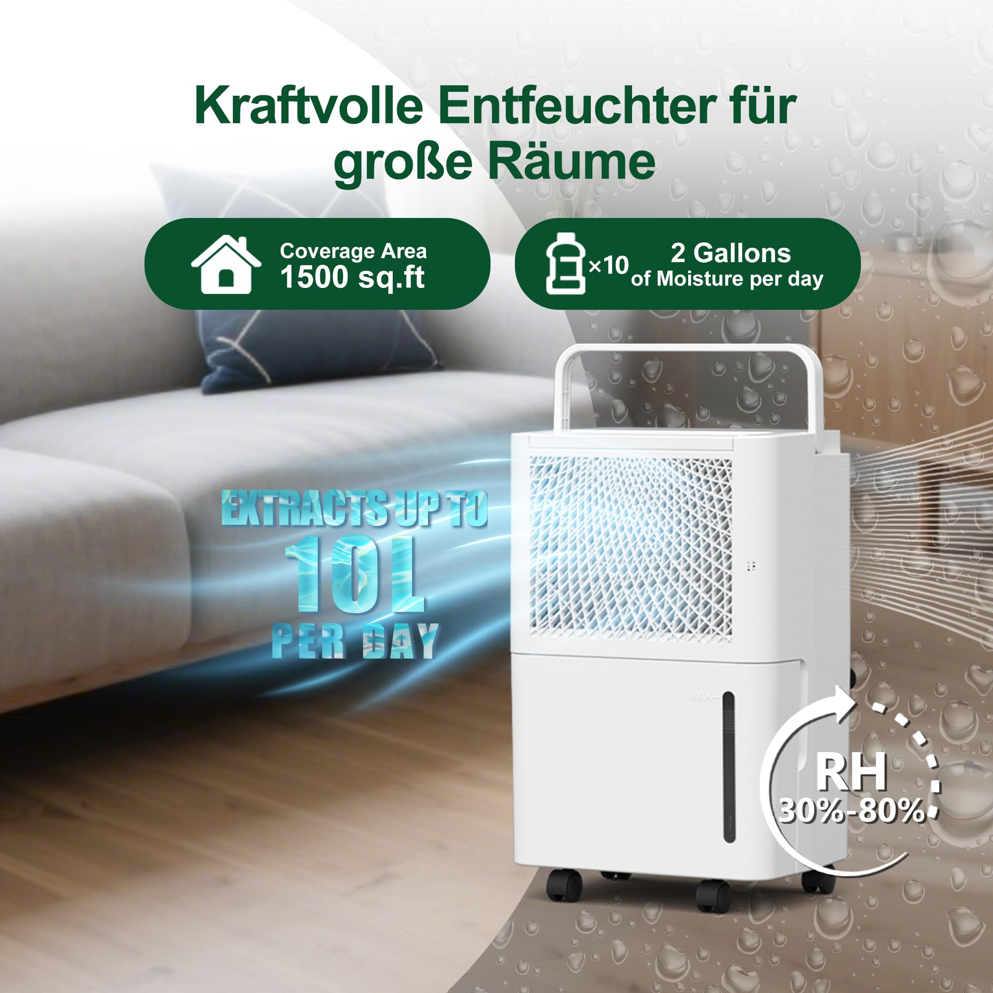 Luftentfeuchter Elektrisch,10L/Tag Hochleistungs Entfeuchter,Raumentfeuchter mit Wäschetrocknung, Ablaufschlauch,Timer und Abtauen, Ideal für Schlafzimmer, Keller, 10 J. Gar (10L Luftentfeuchter)
