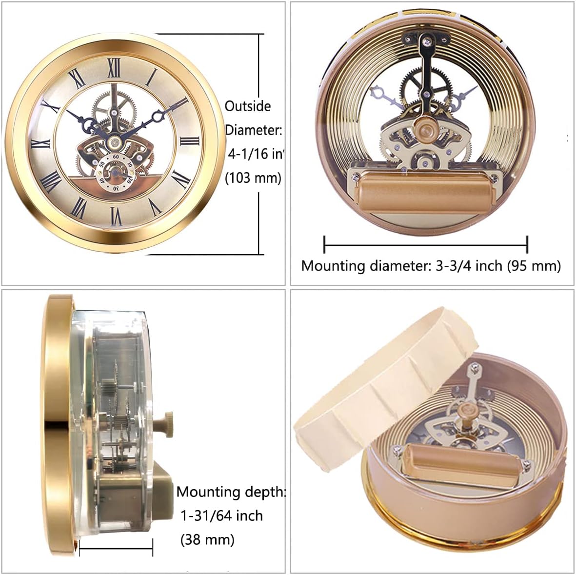 HILLHOME Transparent Mini Clock Insert 4 1/16 Inch (103mm) Round Quartz Clock Fit-up Movement Miniature Clock Gold Dial Gold Tone Bezel Roman Numerals (Gold)