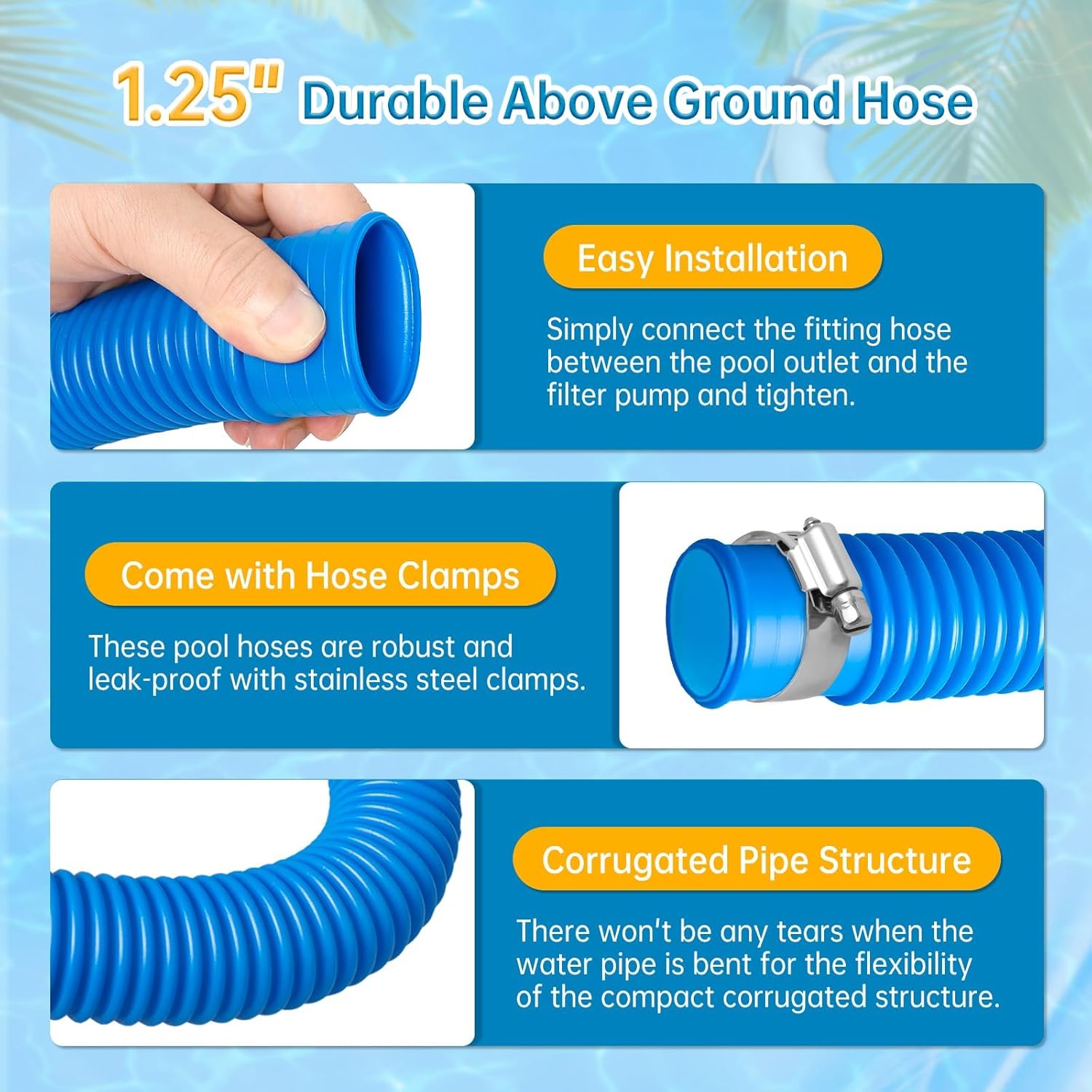 1-1/4" Pool Hose for Above Ground Pool, 1.25" x 59" Replacement Pool Pump Hose Compatible with Coleman In tex Filter Pump 603 637 (4 Pack + 8 Clamps, Blue)