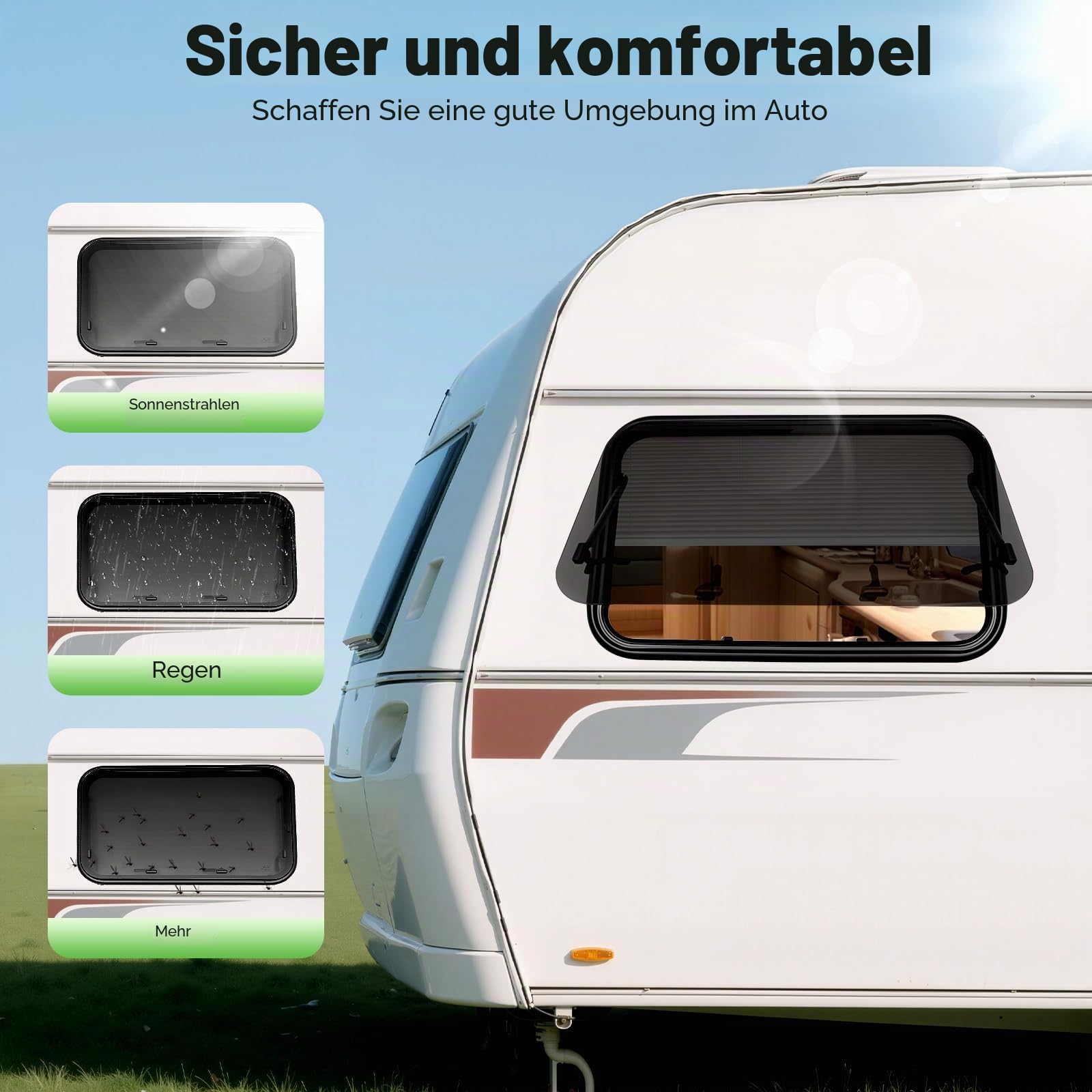 DIFU Wohnwagen Fenster 900x550 mm Ausstellfenster mit ECE 43R Geprüft, Gehärtetem Glas Fenster Camper Ausbau, XL Wohnmobilfenster Van Kastenwagen mit Fliegengitter und Rollo, Insektenschutz