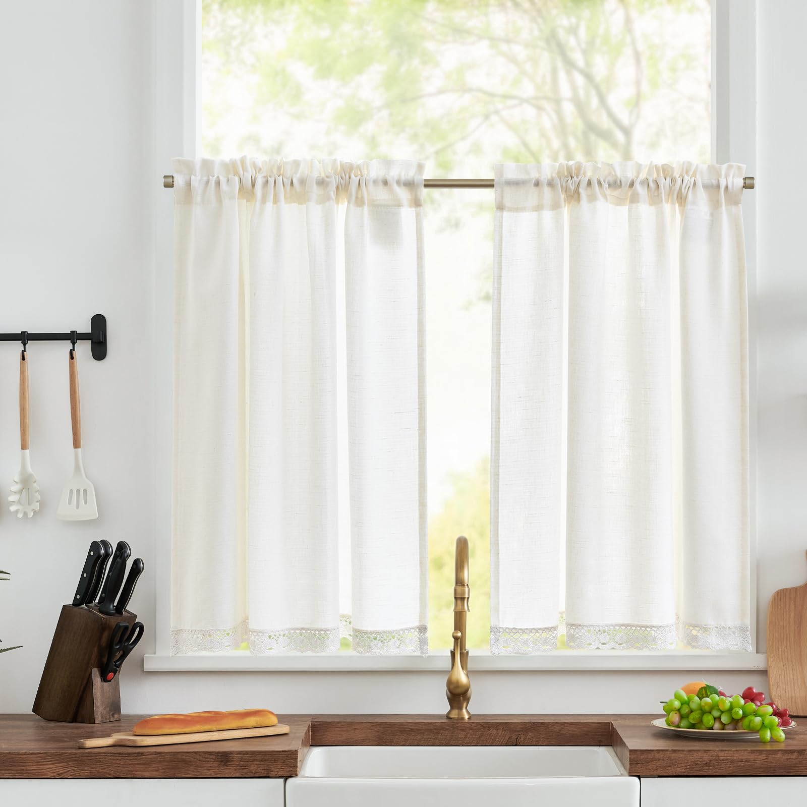 TOPICK Lace Linen Curtains for Kitchen, White, 36 Inch Drop, Cafe Style, Solid Pattern, Short Tiers, Rod Pocket, 2 Panels for Basement, Laundry Room, Sink, Small Windows, W26 x L24
