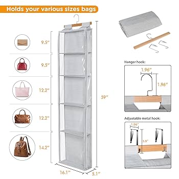 Syeeiex Dustproof Hanging Handbag Organiser With Zip, 4 Clear Pockets Purse Organizer Space