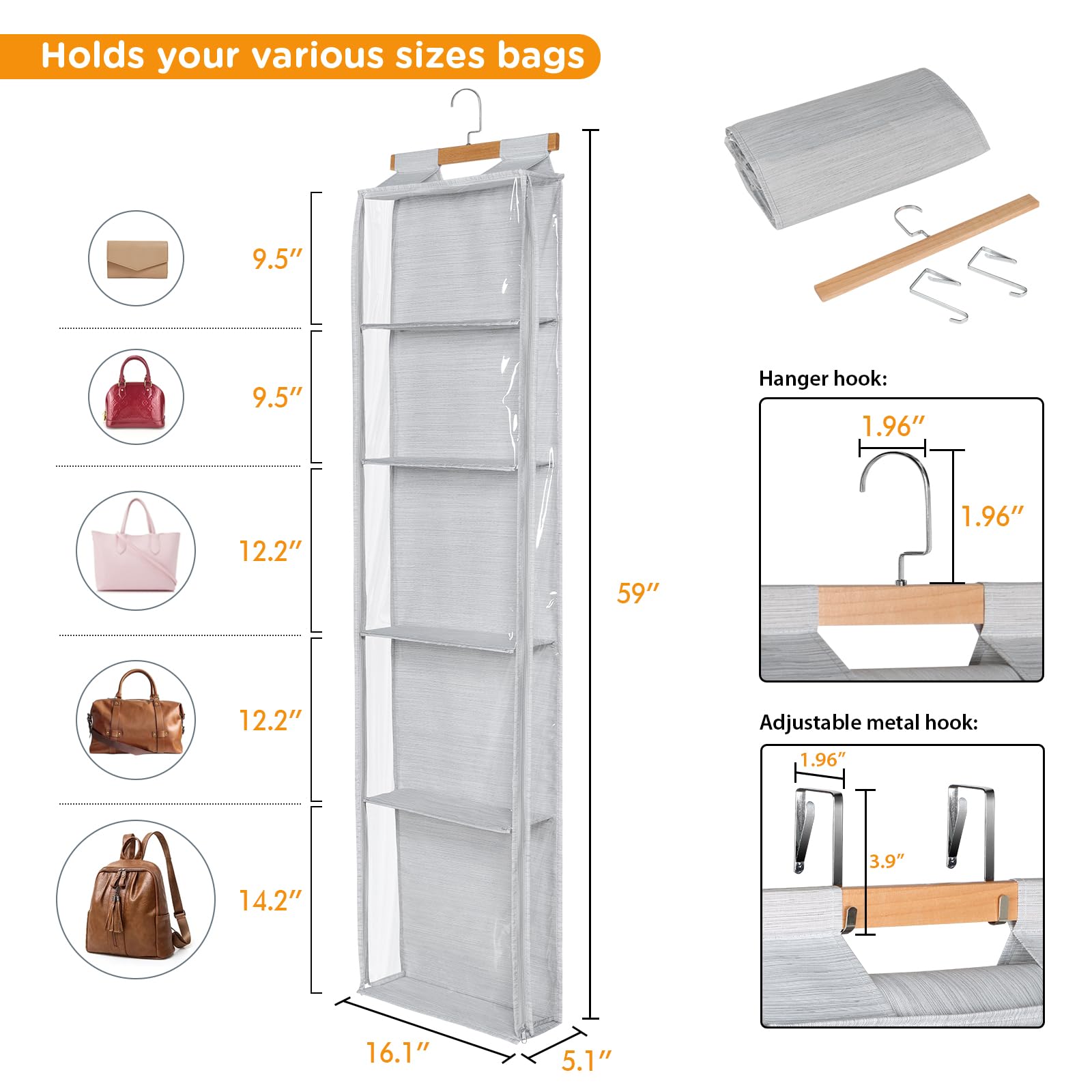 Syeeiex Hanging Handbag Purse Organizer with Zippers, 5 Mesh Shelves,Clear Slubbed Fabric+PVC Hanging Closet Bag Organizer, Dustproof Handbag Closet Tote Storage Bag for Door, Wardrobe, Shelf Rack: Beige-4 Shelves