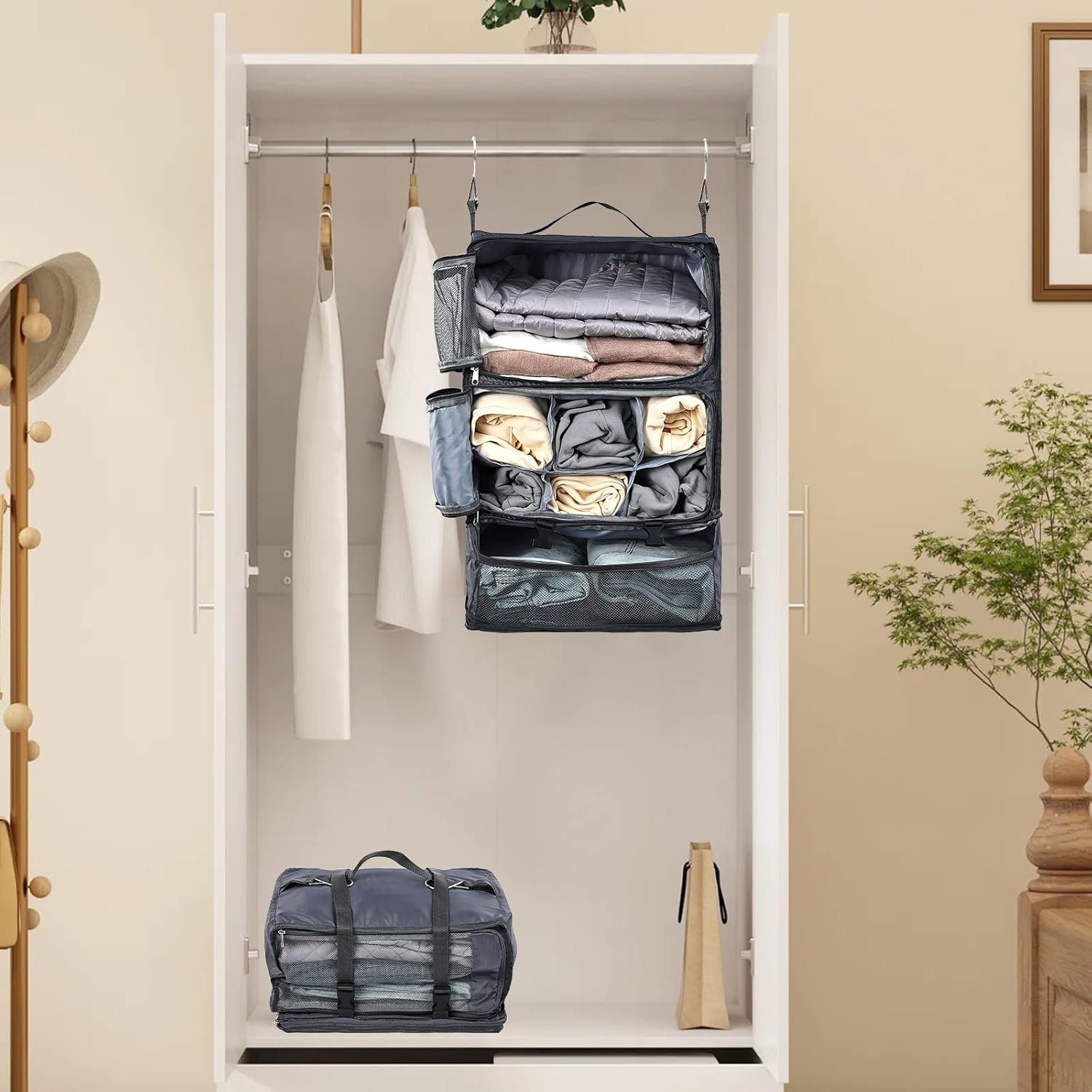 TABITORA Travel Portable Hanging Shelves Closet Organizer Packing Luggage Storage with Multifunctional and Foldable Invisible Compartment,Lightweight, for Suitcase, RV,Closet…Grey,XL