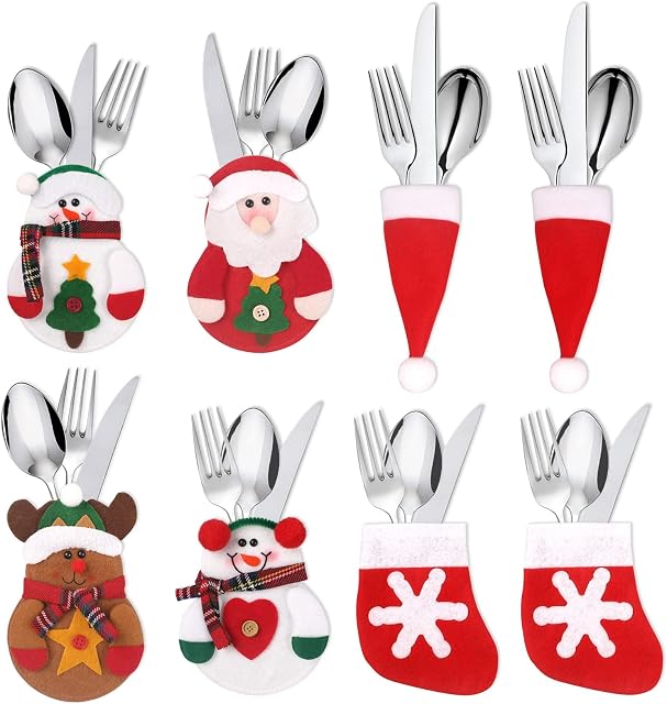 yeestone Christmas Cutlery Holders, 8Pcs Xmas Silverware Holders, Knives Forks Tableware Bags, Lovely Christmas Dinner Table Decorations, Silverware Pockets for Christmas Dinner Table Decorations