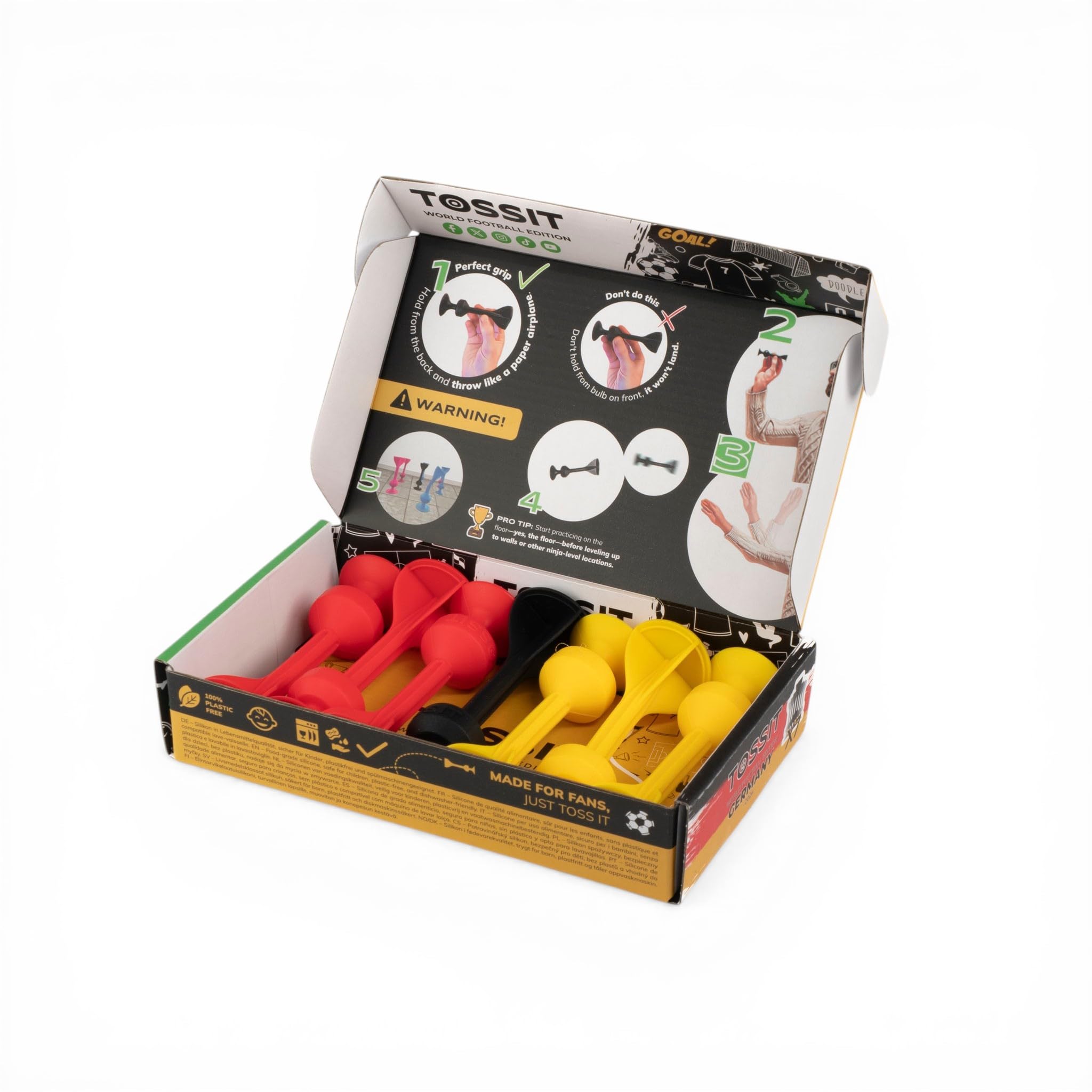 TOSSIT Spiel Saugnapf Darts, Indoor Outdoor Drinnen Draußen, Boccia, Petanque, Wurfspiel, Nachhaltig langlebig Silikon, Boden oder Wand, Starter Pack, World Football Edition