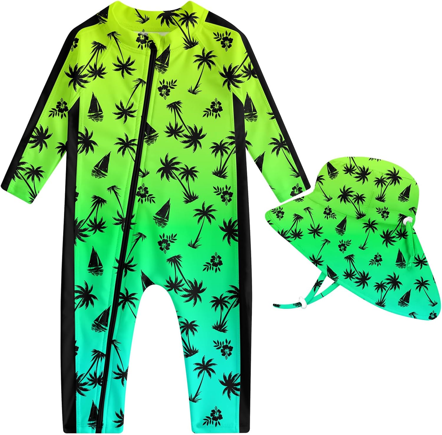 Funnycokid Baby Swimsuit Boy UPF50+ Zipper Infant Bathing Suits One Piece Rash Guard Swimwear with Hat
