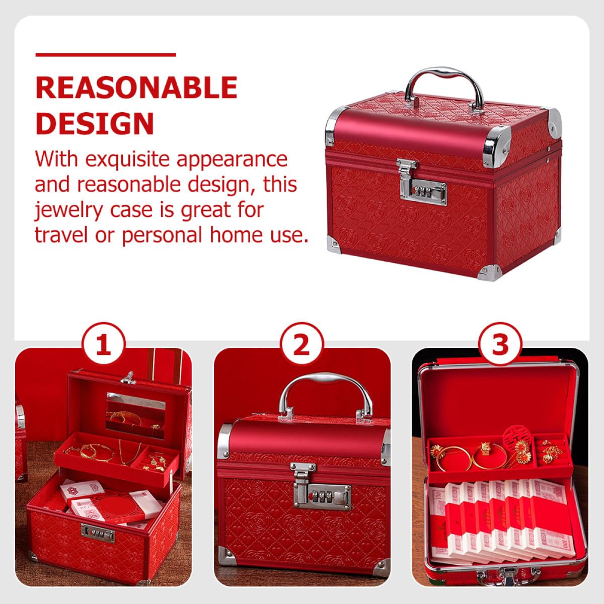 Boîte à Bijoux Rouge Élégante en Cuir Pu Serrure à Code, Coffret à Bijoux Vintage en Bois et Alliage D'aluminium, pour Mariage et Rangement Personnel