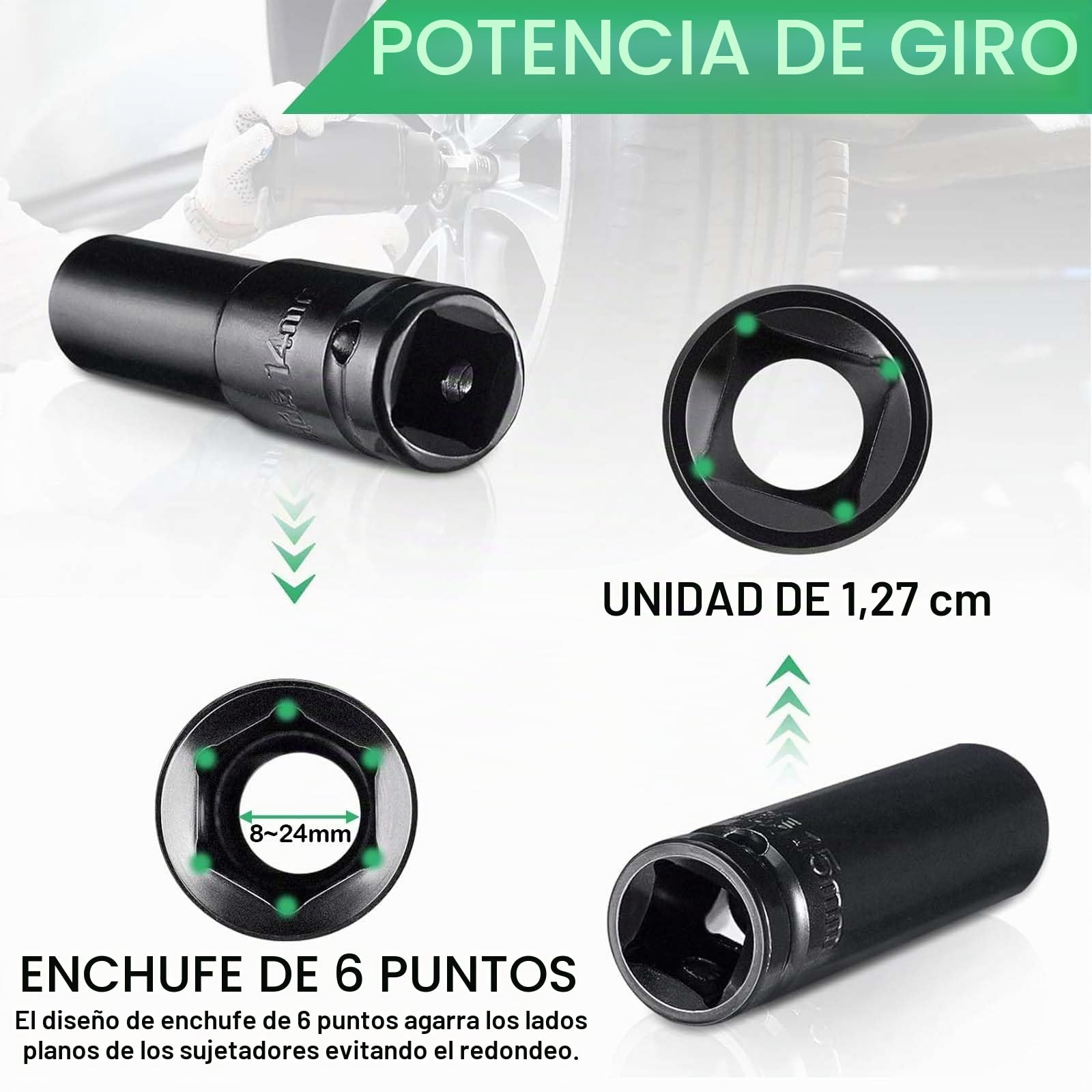 Juego de14 Piezas Vasos de Impacto Largos 1/2" para Taladro con Llave de Carraca y Maletín, Juego de Vasos de Impacto para Taladro, Llaves de Vaso 1/2 para Reparación de Coches y Cambio de Ruedas
