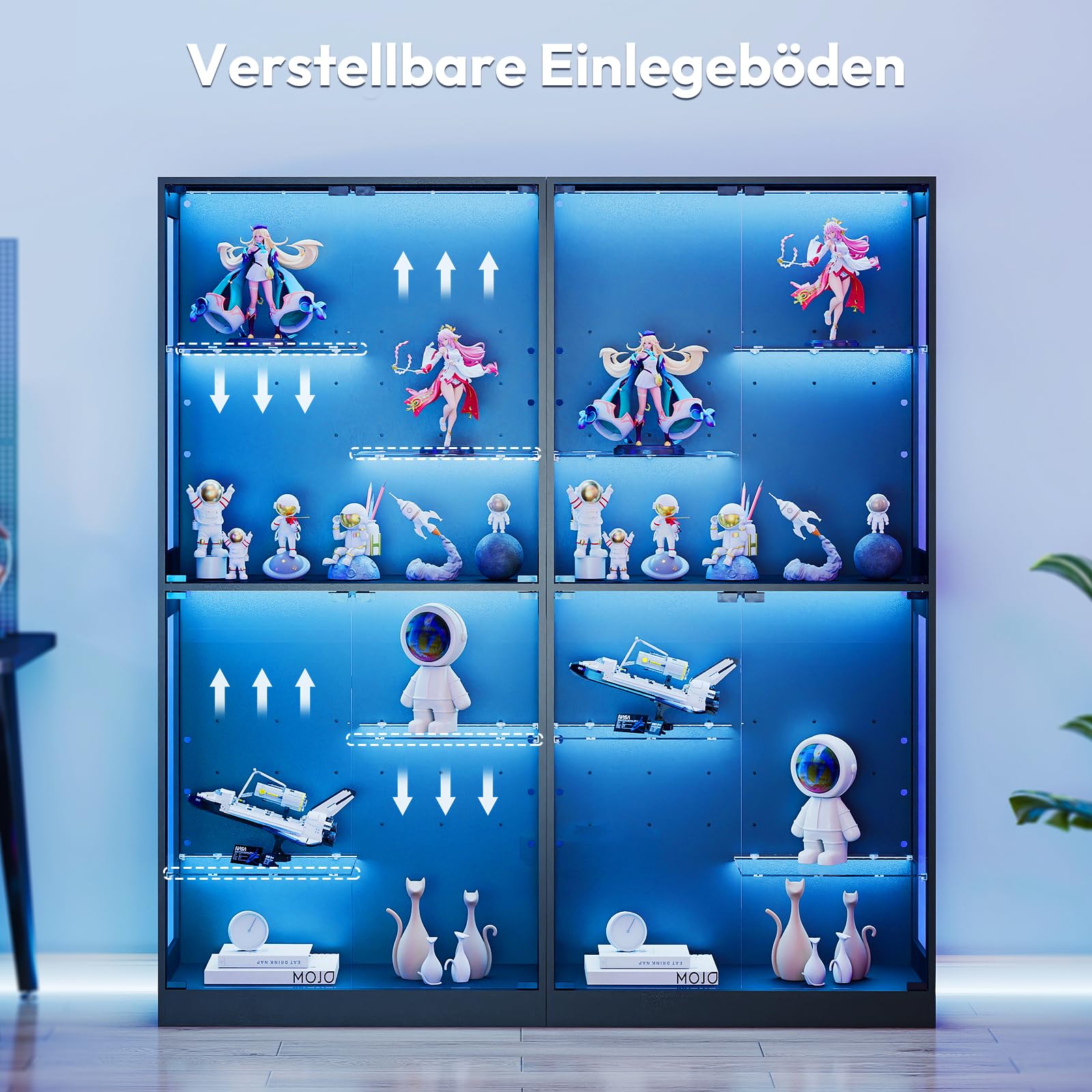 Lamtor Glasvitrinen Stehend mit LED Beleuchtung – 175 cm Glas Vitrinenschrank Wohnzimmer, Vitrine mit Verstellbares Regal, APP & Remote Control 6000+RGB (Schwarz)