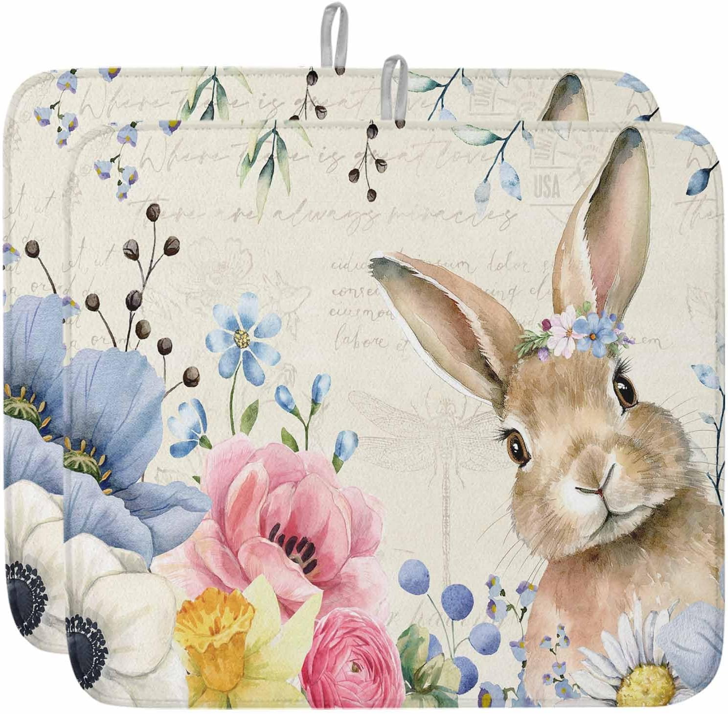 Easter Dish Drying Mat for Kitchen Counter Bunny Drying Pad Absorbent Drying Mats for Countertops Sinks Draining Racks Rabbit Floral Reversible Drainer Seasonal Spring Holiday Decor 16x18