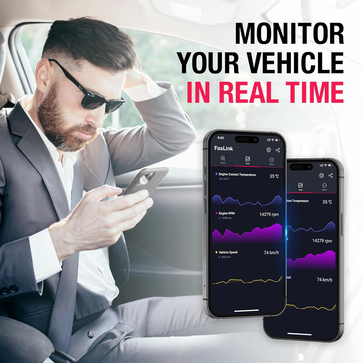 A person monitoring real-time vehicle data like Engine RPM, Engine Coolant Temperature, and Vehicle Speed on a smartphone using the FasLink app.