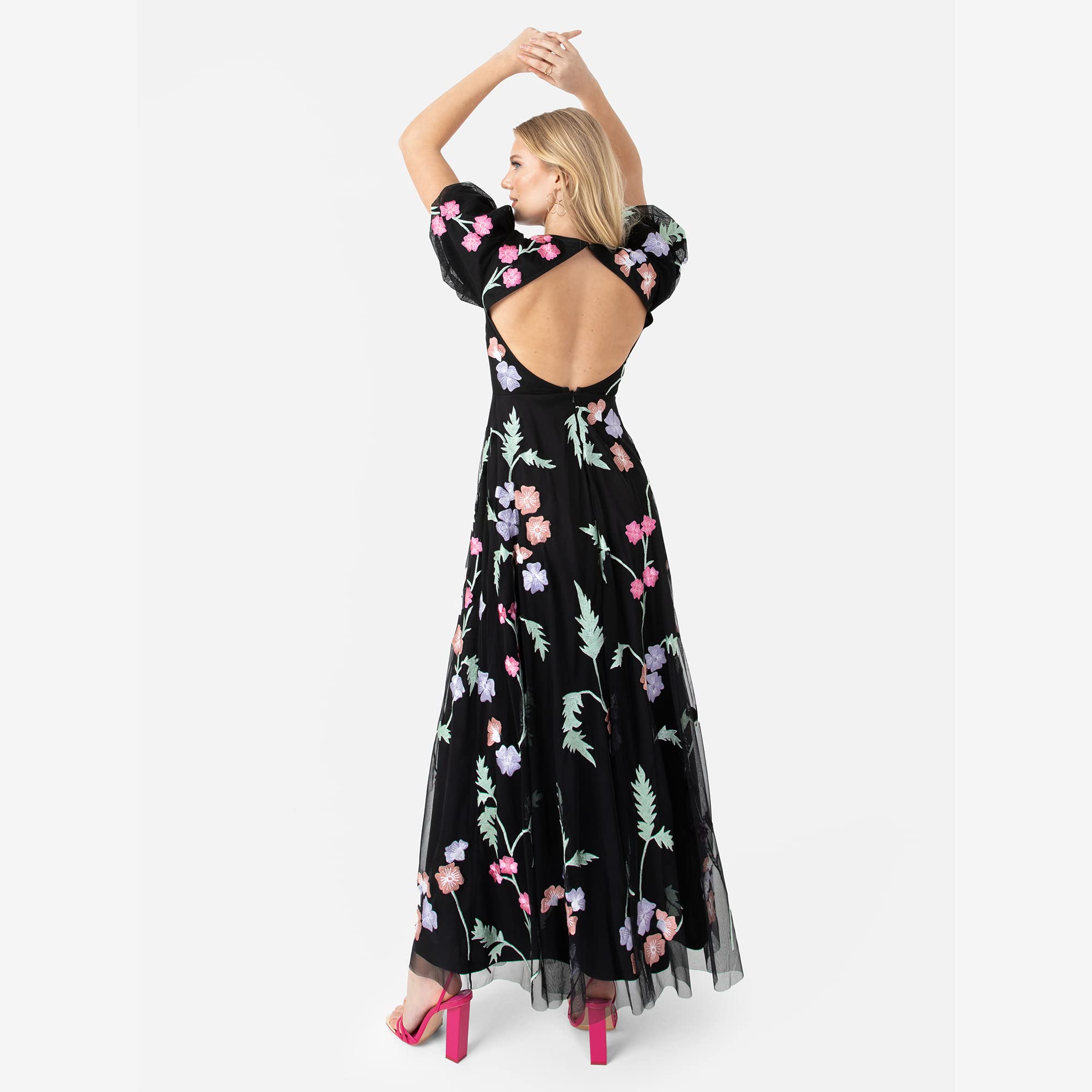 Maya Deluxe Womens Maxi Dress Ladies Floral Embroidered Open Back Puff Sleeves Dress For Wedding Guest Bridesmaid Prom Occasion Vestido Mujer