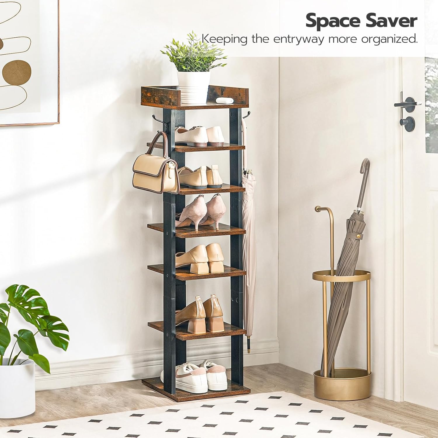 HOOBRO Vertical Shoe Rack, Shoe Storage Organizer with Hooks, Narrow Shoe Rack, Space Saving, Stable and Strong, for Entryway, Living Room, Bedroom, Rustic Brown BF07XJ01G1 - BF61XJ01