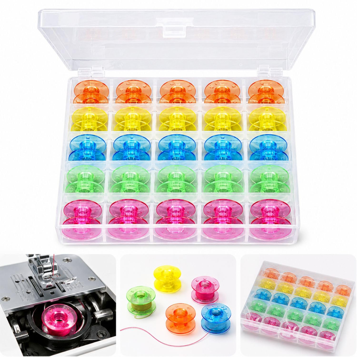Gemsy Sewing Machine Transparent/Colour Bobbin Pack of 25 with Box : Plastic Bobbins, Tailoring Tools - Perfect for Regular Sewing Machine Like Usha Brother Singer Janome | Storage Box for Bobbin