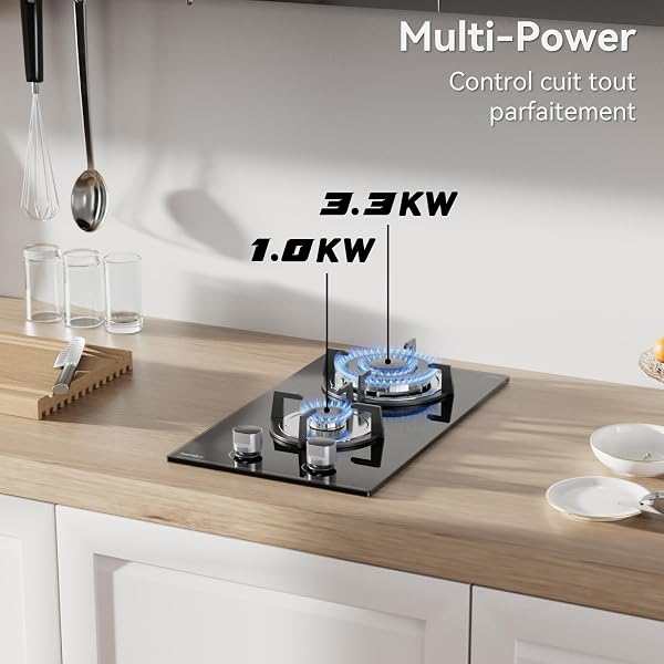 Hermitlux Plaque de Cuisson Gaz 2 Feux Encastrable, 4300W, 30cm, Gaz Ville et Bouteille, Verre Noir - 3