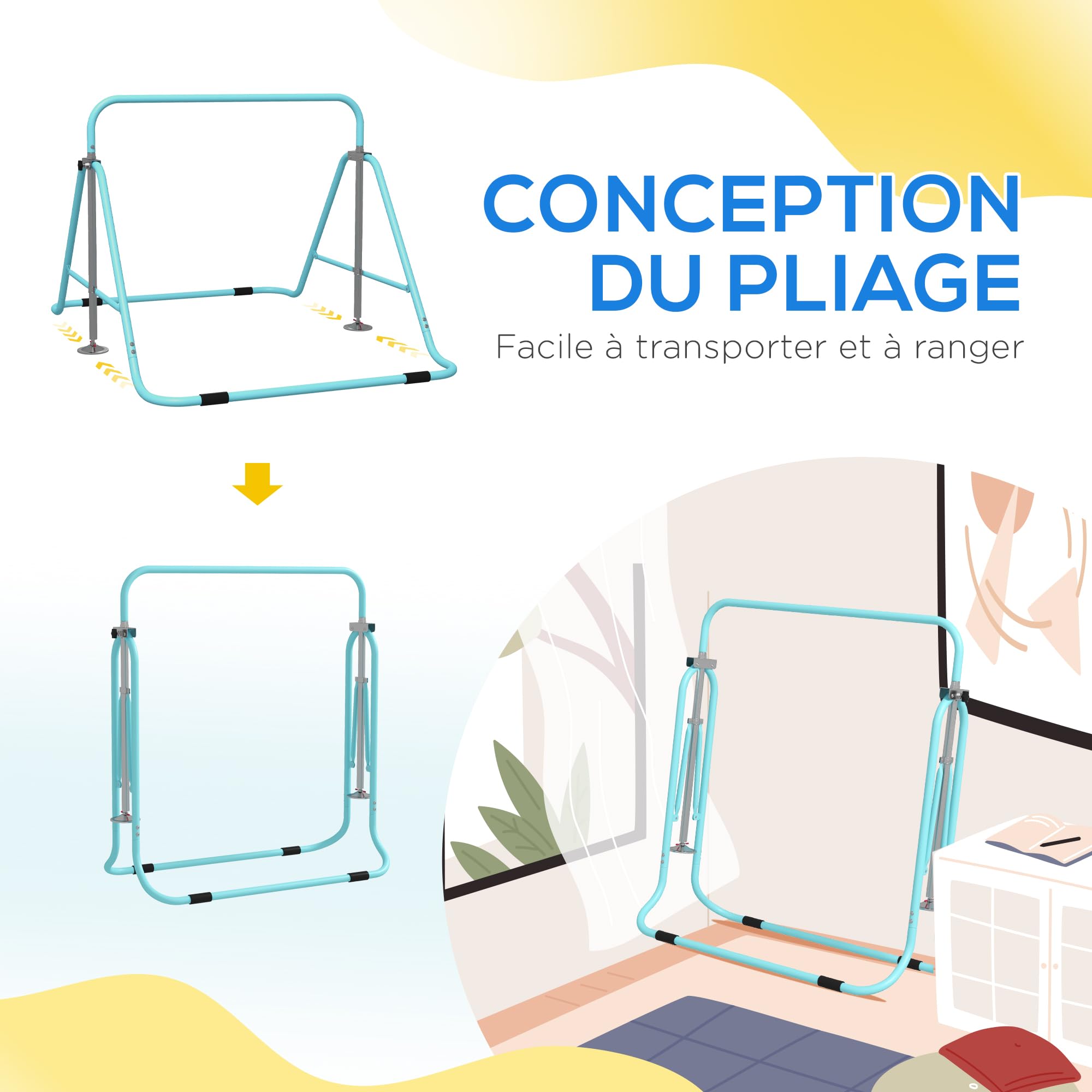 HOMCOM Barre Fixe de Gymnastique pour Enfants Pliante - Hauteur réglable de 88 à 128 cm - avec Base Triangulaire en Acier