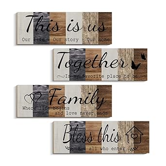COLOR VALLEY ART 4 Pieces Home Wall Signs, THIS IS US/TOGETHER/BLESS THIS HOME/FAMILY Wall Decor For Living Room Bedroom, Rustic Wooden Farmhouse Wall Art, 4.7 x 13.8 Inch (Classic)