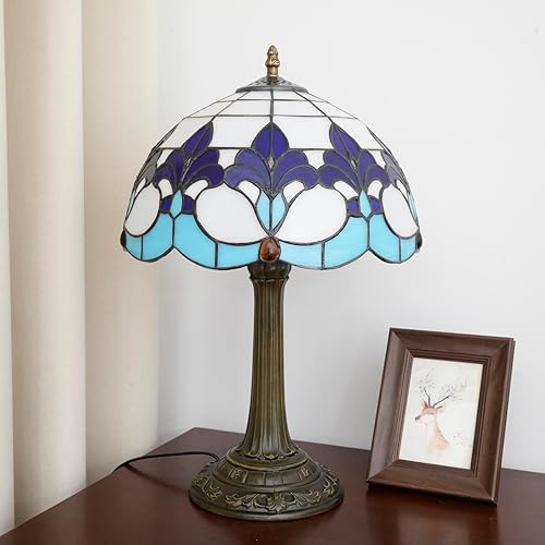 Miniatura 3 de Tiffany Lámpara de vitral de 12 pulgadas, lámpara de mesa estilo cancha Iris patrón de flores arte retro lámpara de noche para dormitorio, sala de