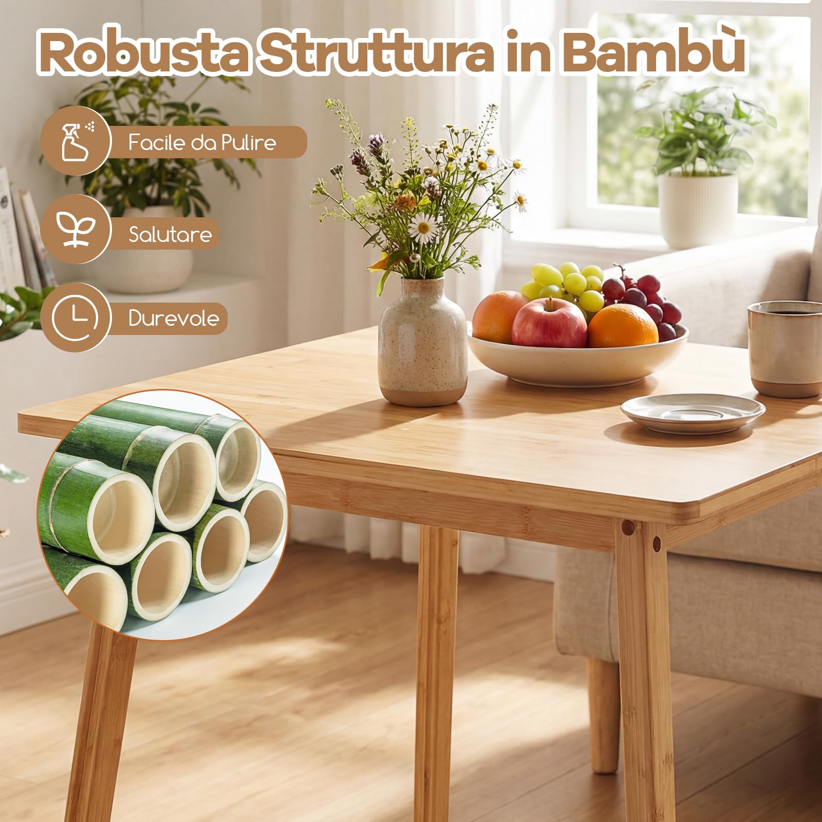 COSTWAY Tavolo da Pranzo in Bambù Ecologico per 4 Persone, Tavolo da Cucina Quadrato, Scrivania Stile Moderno, Tavolino per Spazi Piccoli, Sala da Pranzo, Soggiorno e Appartamento, 70 x 70 x 74,5 cm