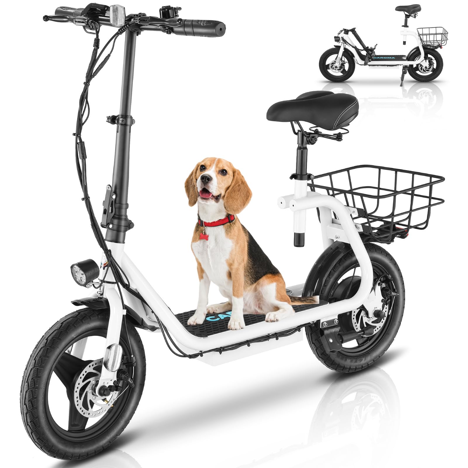 Caroma Electric Scooter with Seat for Adults, Max 30Miles Ranges&20Mph, 500/800/1200W Motor, 14/20" Fat Tire Foldable E-Scooter with Basket for Pets & Cargo, 300lbs Max Load
