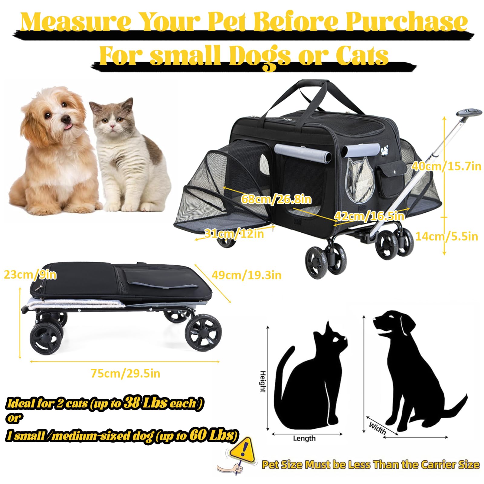 Transportín para gatos con ruedas, transportador extensible para gatos grandes y perros medianos, asa telescópica para un fácil transporte, ideal para visitas al veterinario y viajes