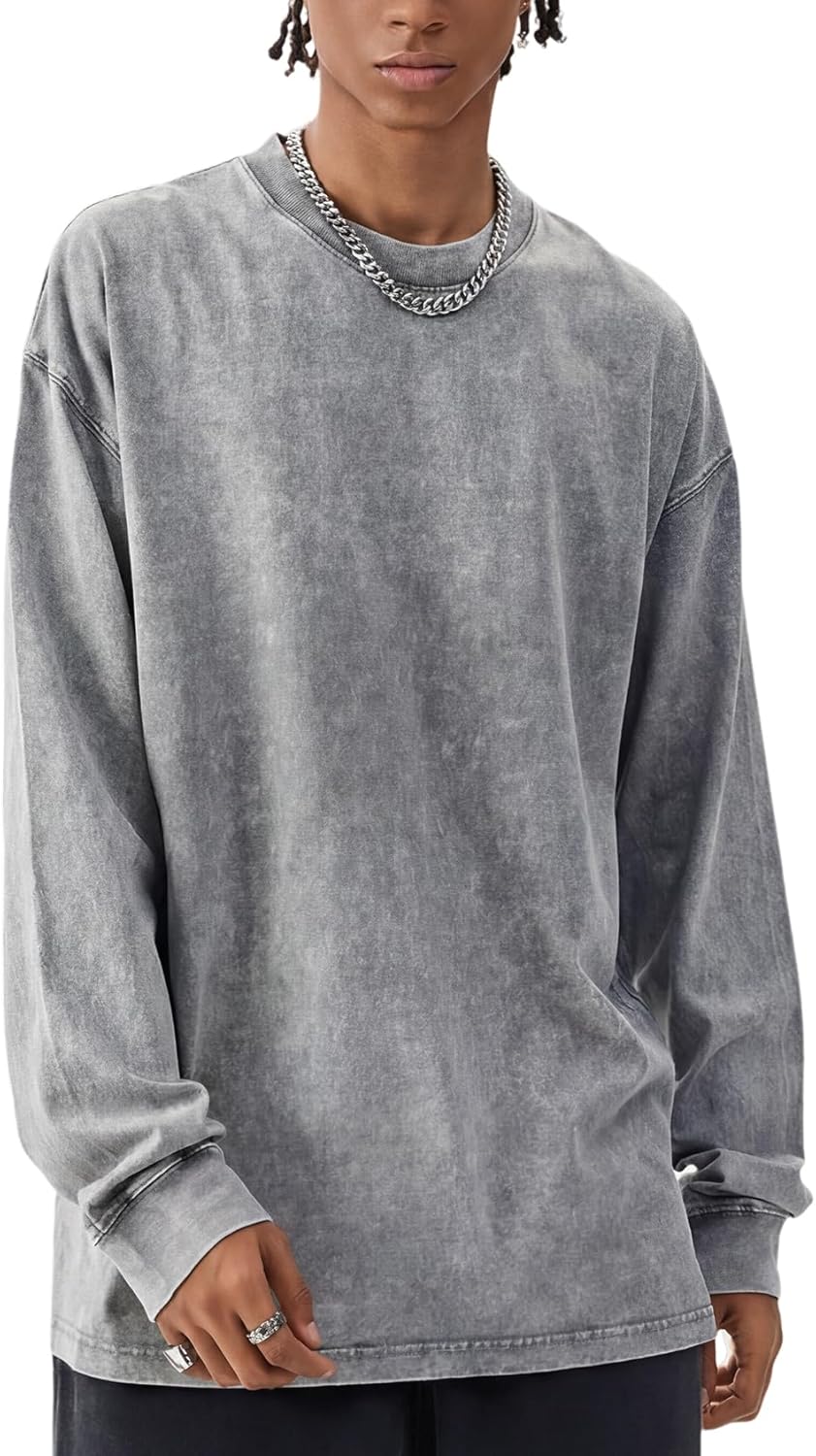 Yimoon Oversized Tshirts for Men Cotton Long Sleeve Shirts Vintage Acid Wash Baggy Tees Casual Crewneck T-Shirt