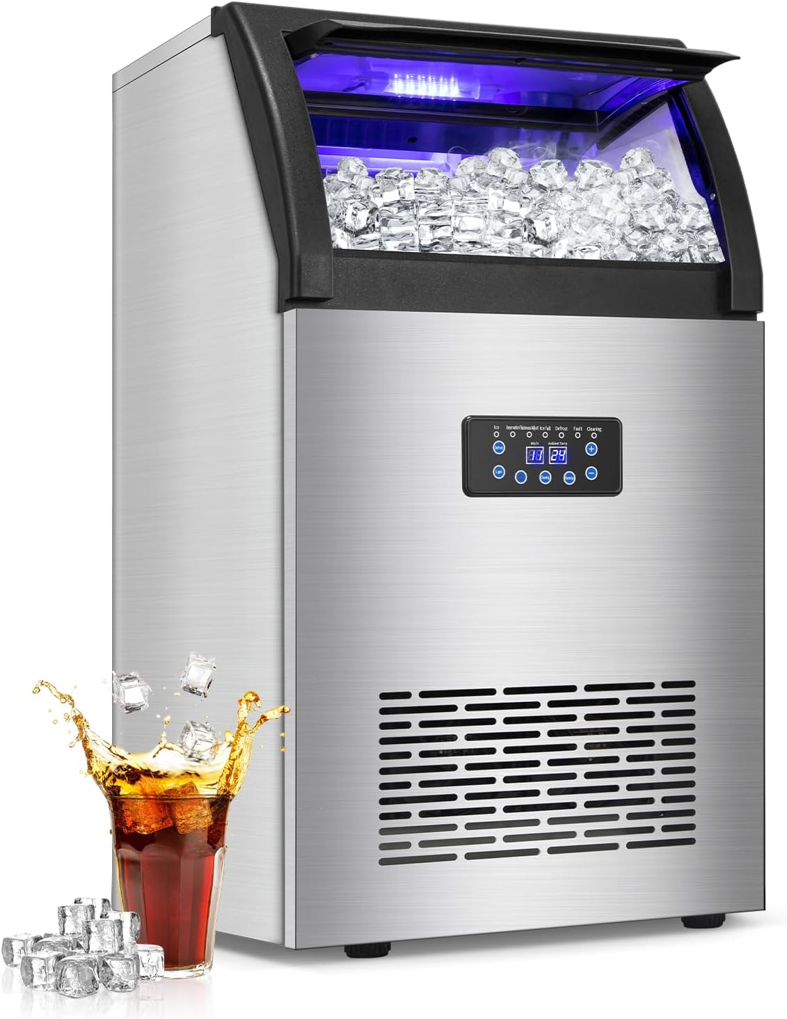 Commercial Ice Maker Machine 150LBS/24H with 50LBS Storage Bin, Stainless Steel Undercounter/Freestanding Ice Maker Machine for Home Bar Outdoor, 55PCS Ice Cubes Ice Machine, Self Cleaning