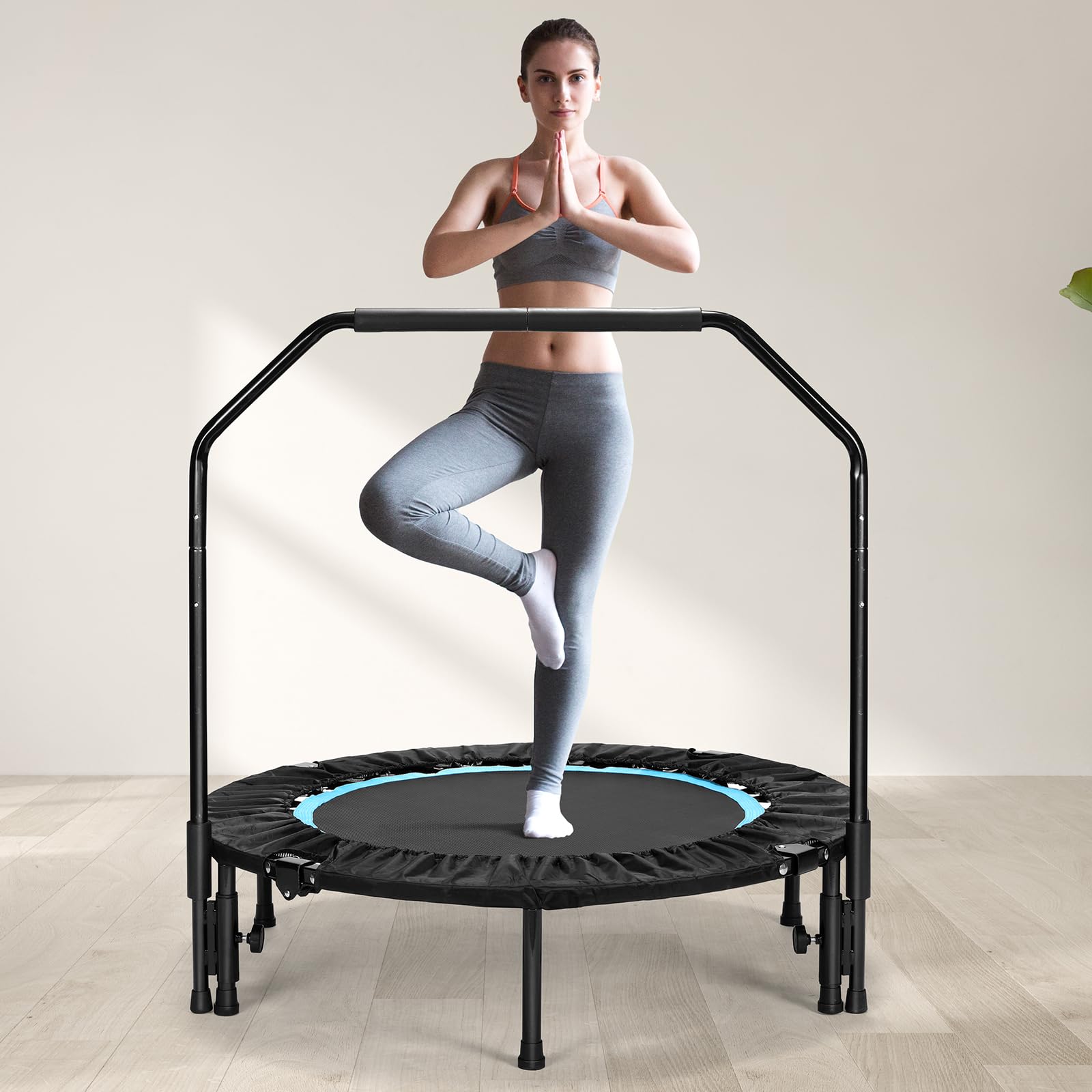 LIFERUN Trampolino fitness per interni, diametro 101 cm, capacità di carico 150 kg, rimbalzo per allenamento, con 3 livelli di maniglia regolabili, mini trampolino per adulti