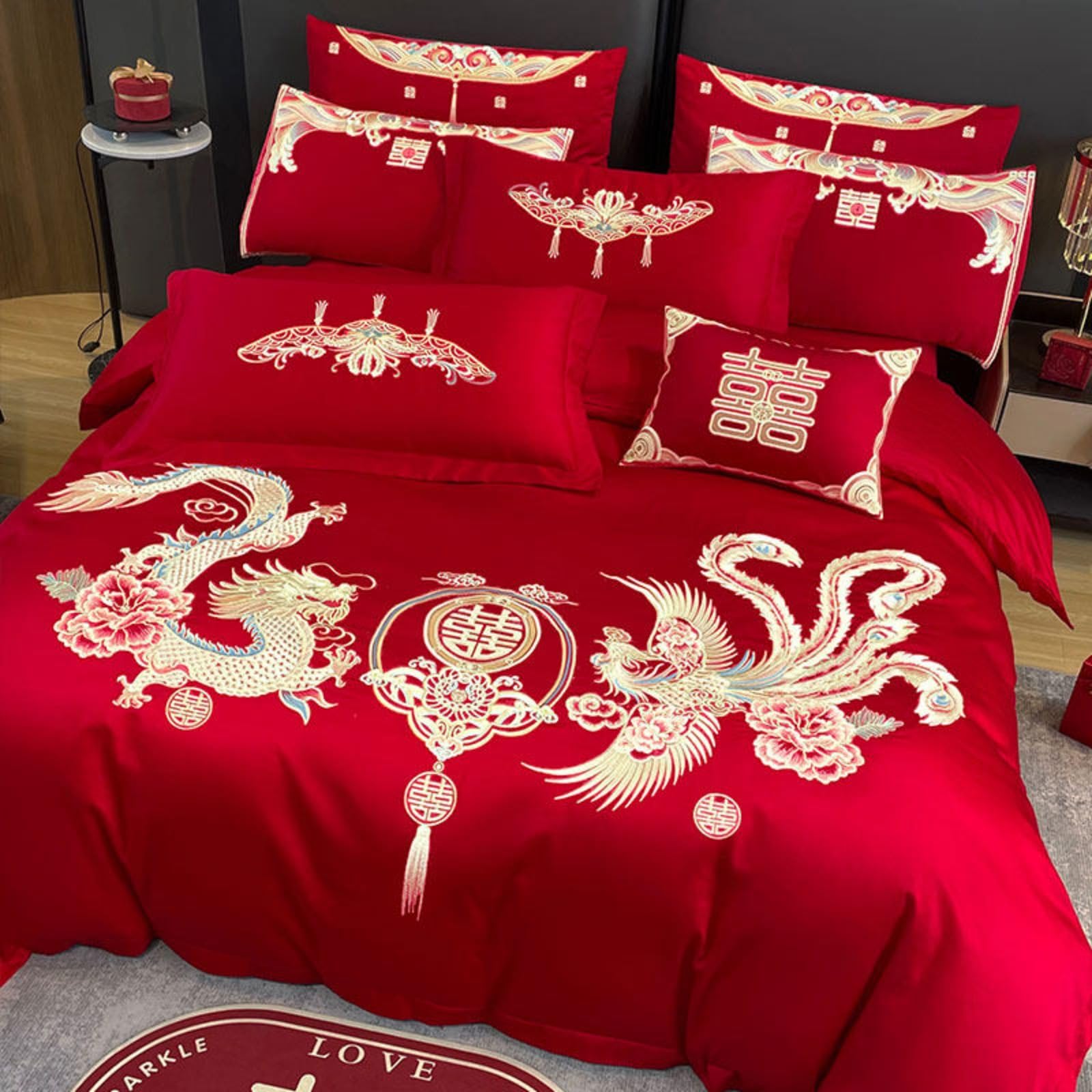 Parure de lit rouge dragon et phénix le cadeau symbolique pour célébrer l'amour