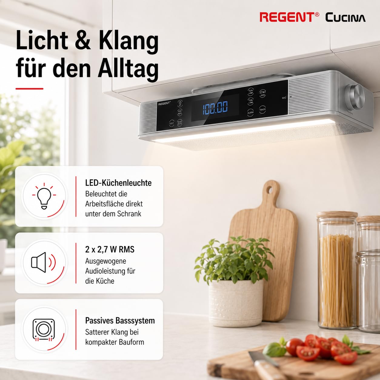 Regent Cucina Unterbau Küchenradio mit FM, Bluetooth, LED-Leiste, Farbdisplay, Küchentimer & 2 Wecker, perfektes Unterbauradio für die Küche, Farbe: Silber