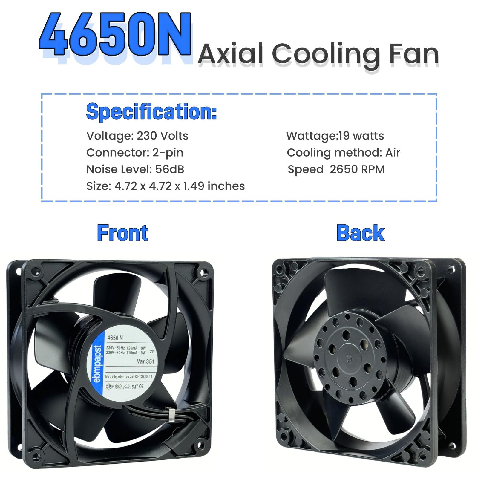 Pour ventilateur de refroidissement ebmpapst 4650N, tout en métal résistant aux hautes températures, ventilateur de refroidissement axial, 2 broches, 120 x 120 x 38 mm, AC 230 V 50/60 Hz 0,12 A