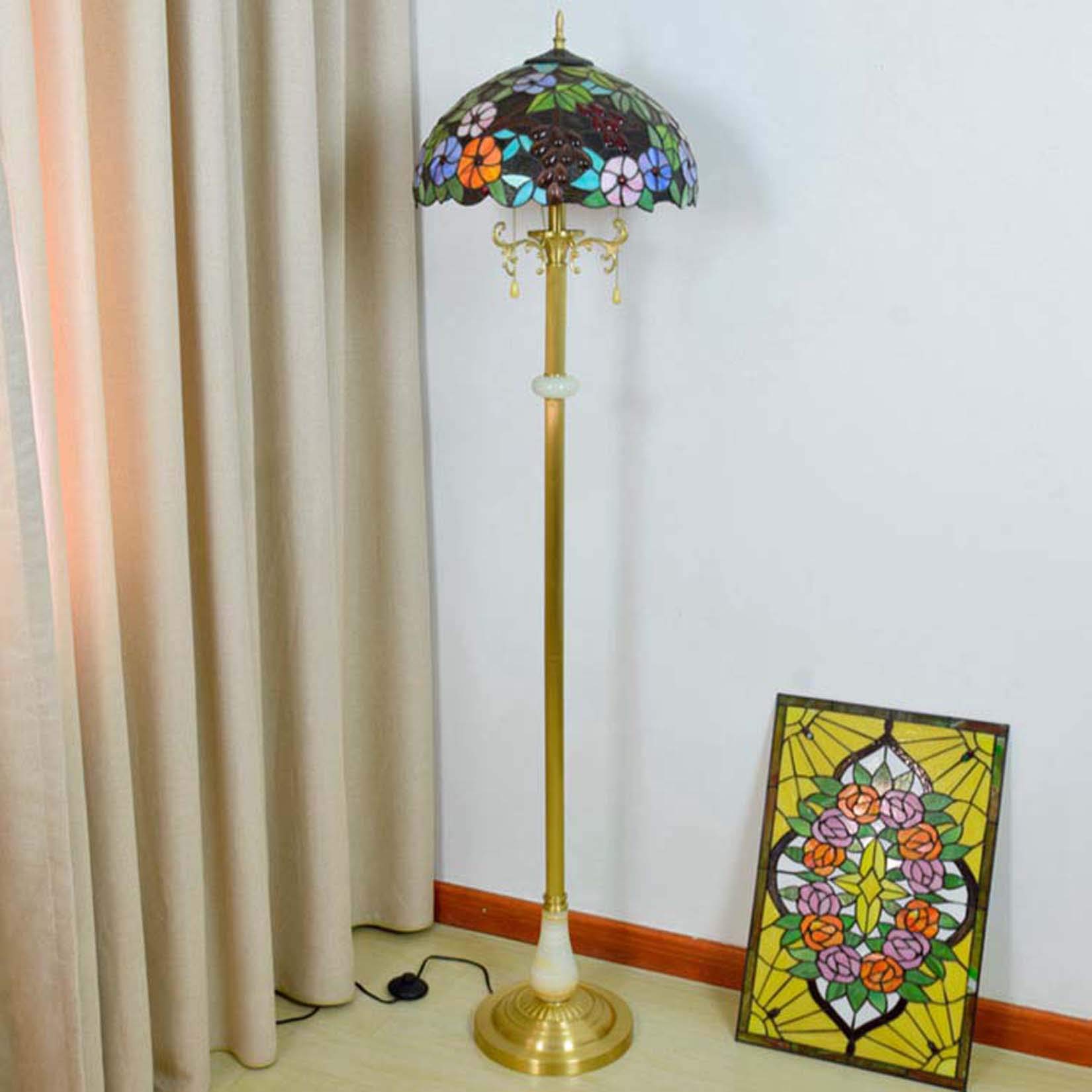 16" Lampa podłogowa w stylu Tiffany do sypialni, ręcznie robiona lampa podłogowa z witrażem winogronowym, antyczne zabytkowe lampy do czytania do salonu, oświetlenie przy łóżk