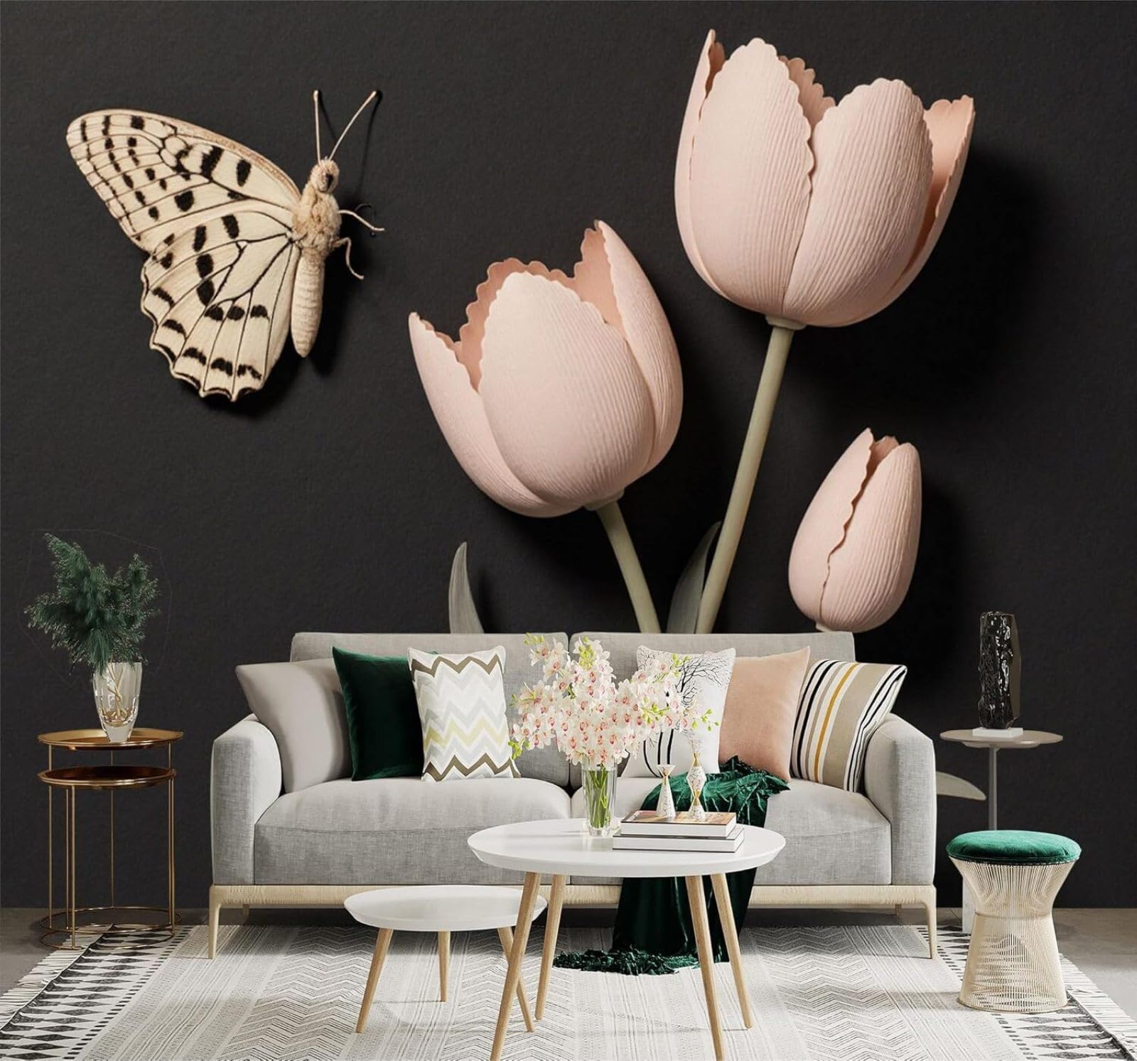 XLMING Beautiful Minimalist Butterfly Pink Tulip Elegant Flowers 3D Wallpaper Silky Texture Home Study Office Grey Dining Room Sofa Bedroom Living Room TV Backdrop-200cm×140cm