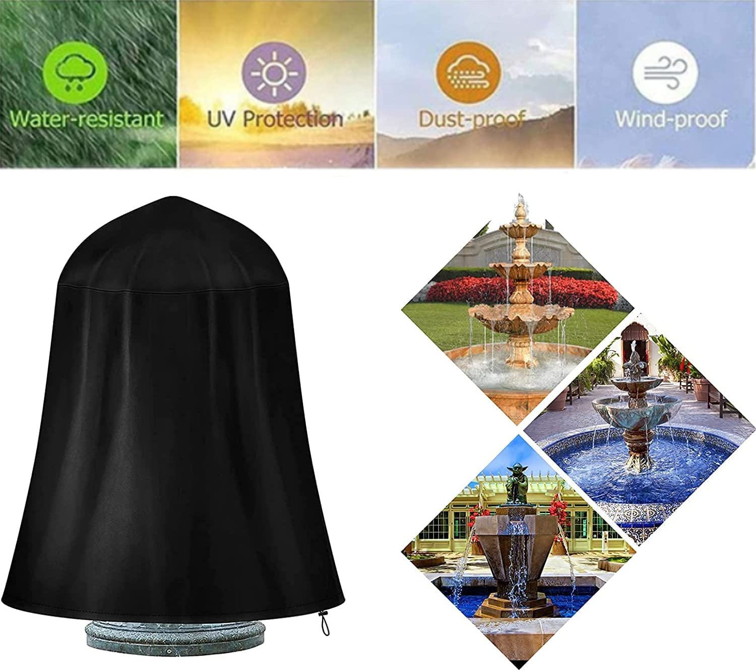 Cubierta de fuente de jardín Oxford resistente al agua a prueba de polvo con cordón de bloqueo para invierno al aire libre patio fuente estatua protector Fount anti-congelación Accesorios