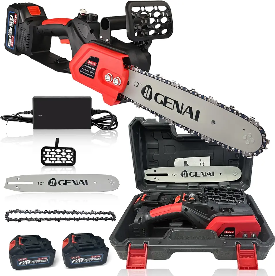 Motosserra Elétrica Sem Fio 21V, 12 Polegadas, Motor de Cobre Puro, 1200W, Com 2 Baterias e Carregador