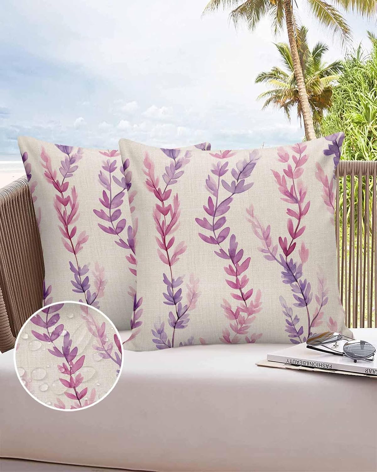 Vandarllin Outdoor Throw Pillows Covers 20x20 inch Set of 2 Waterproof Purple Pink Lavender Decorative Zippered Cushion Covers for Patio Furniture, Watercolor Spring Lumbar Pillowcases