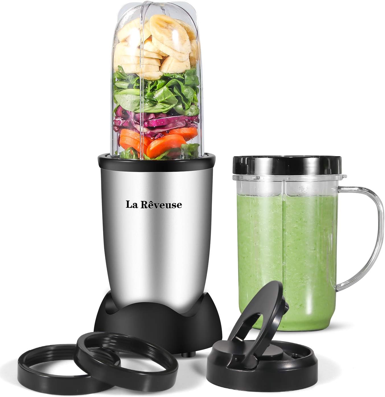 La Reveuse Personal Size Blender 250 Watts Power for Shakes Smoothies Seasonings Sauces with 2 Pieces 16 oz Mug -Silver