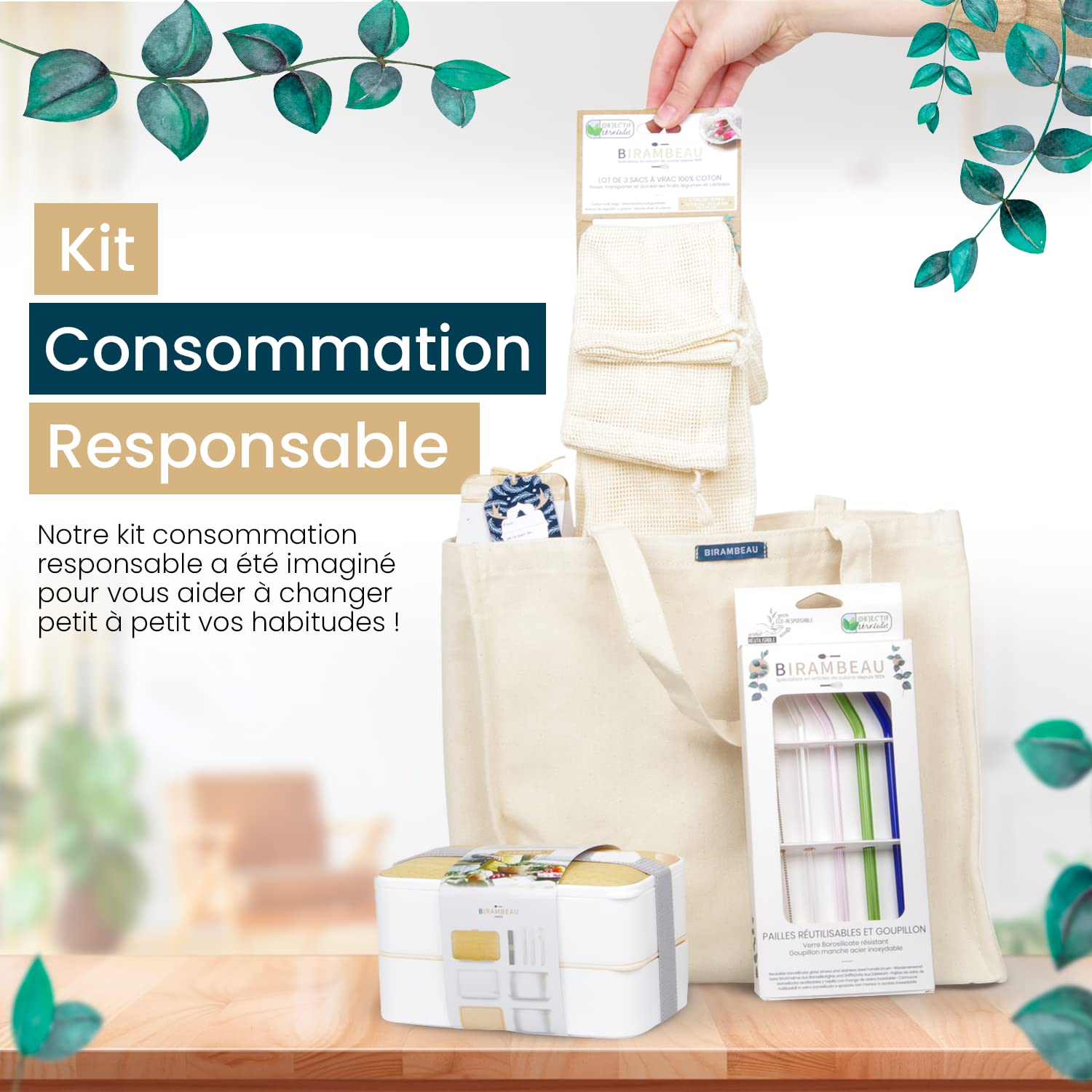 Birambeau – Kit de 7 productos de consumo responsable de cero residuos – Lunchbox – Botella isotérmica – Set de cubiertos reutilizables – Tejidos para envases de alimentos – Idea de regalo de Navidad