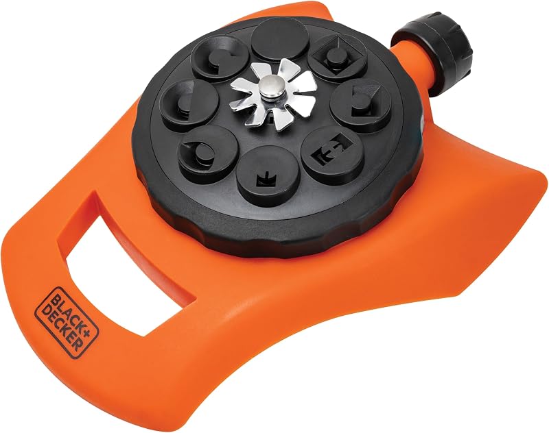 Aspersor de torreta de 8 patrones Black + Decker®: hasta 962 pies cuadrados. pies. Cobertura, estructura duradera, opciones de pulverización versátiles BD57392