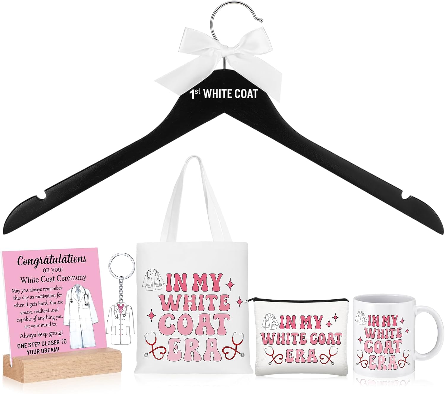 Gerrii 6 Pcs White Coat Ceremony Gifts for Women Medical Student Include First White Coat Hanger Mugs Pink Tote Bag Makeup Bag Keychain Ceremony Sign for Med School Pharmacist New Doctor