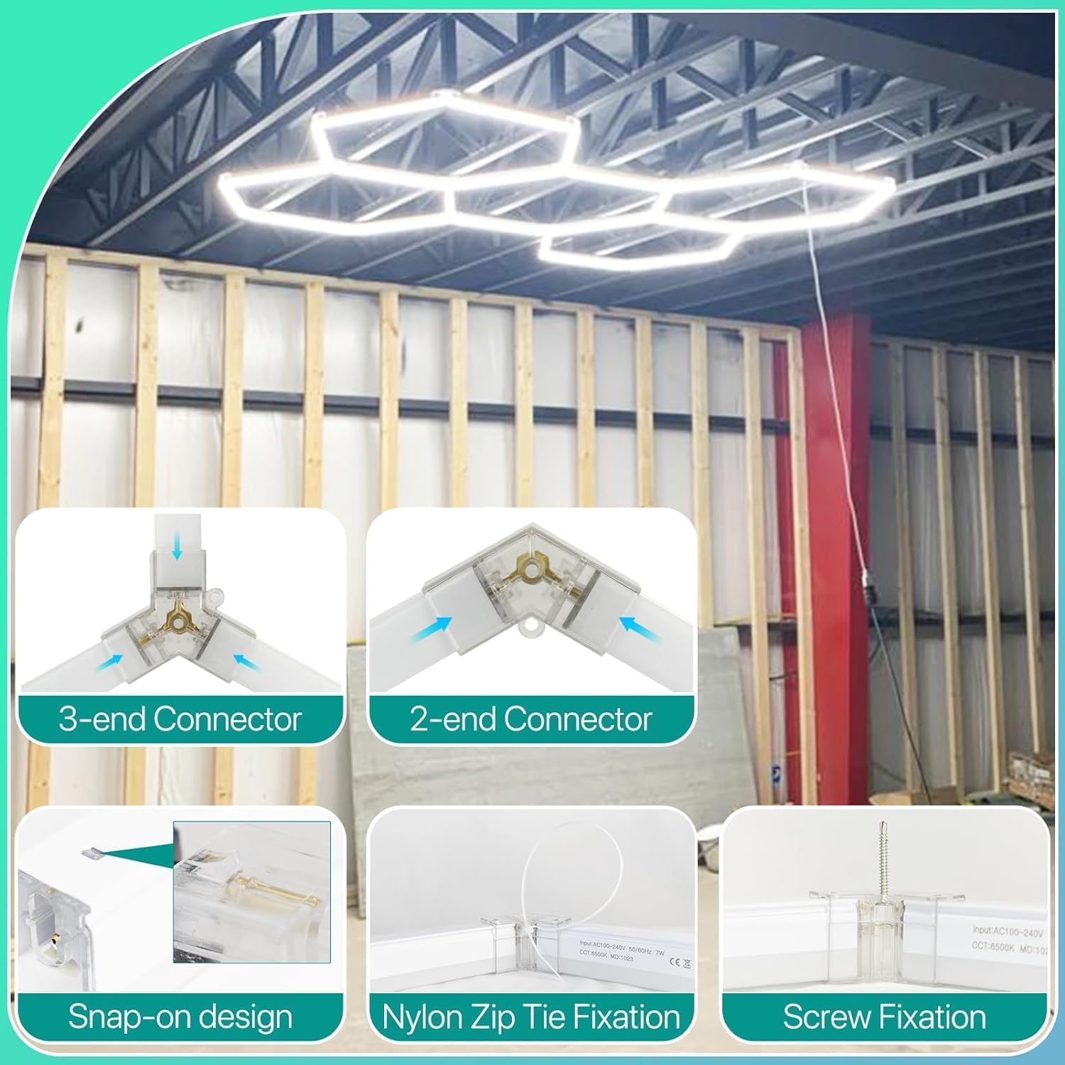 Hexagon LED Light 6500 K, blanc lumière du jour, 11 Grid – Éclairage parfait pour garage, entretien automobile, salon de coiffure, studio de tatouage – Éclairage LED haut de gamme pour garage